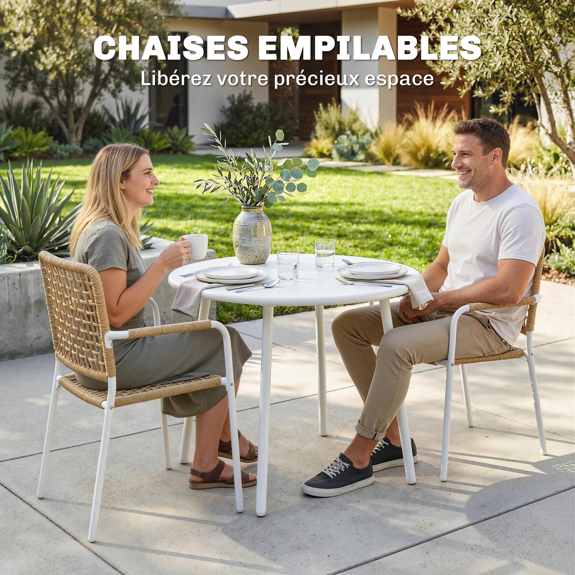 Outsunny Lot de 2 Chaises de Jardin en Résine Tressée Empilables Jaune | Chaise de Salle à Manger, avec Accoudoirs et Dossier, Fauteuil de Jardin Exterieur, pour Balcon Terrasse Patio