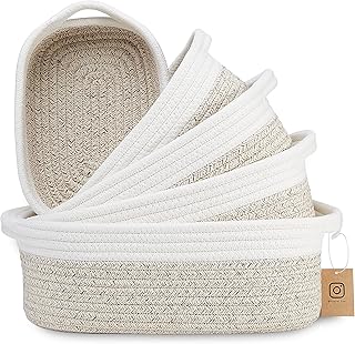 NaturalCozy 5-Piece Rectangle Storage Basket Set- Natural Cotton Rope Wo...