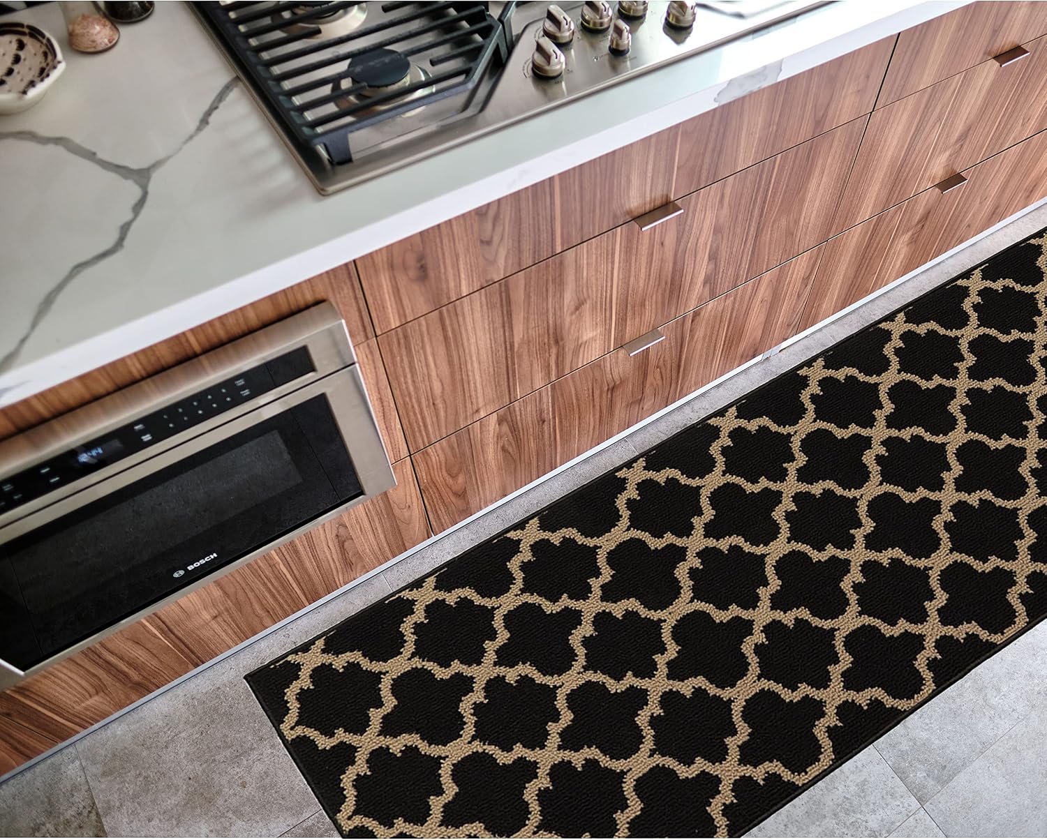 EVIDECO French Home Goods Wool Effect Arabesque Kitchen Runner Rug 48” L x 20” W Black Tan