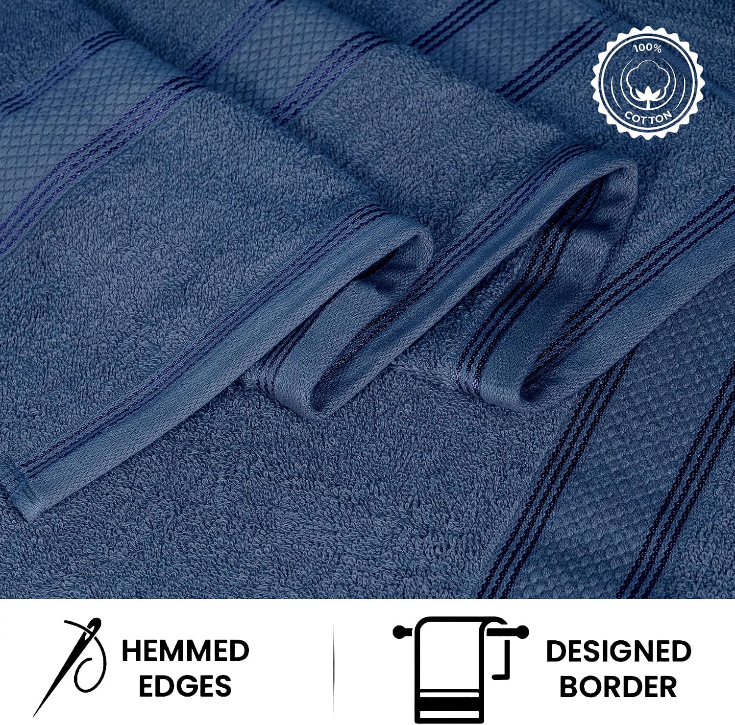 Casa Lino Bath Towel Set of 8 (2 Bath Towels, 4 Wash Cloths & 2 Hand Towels for Bathroom) - 100% Cotton - Highly Absorbent & Quick Dry - Guest Room Essentials for Bathroom Set - (Cobalt Blue)