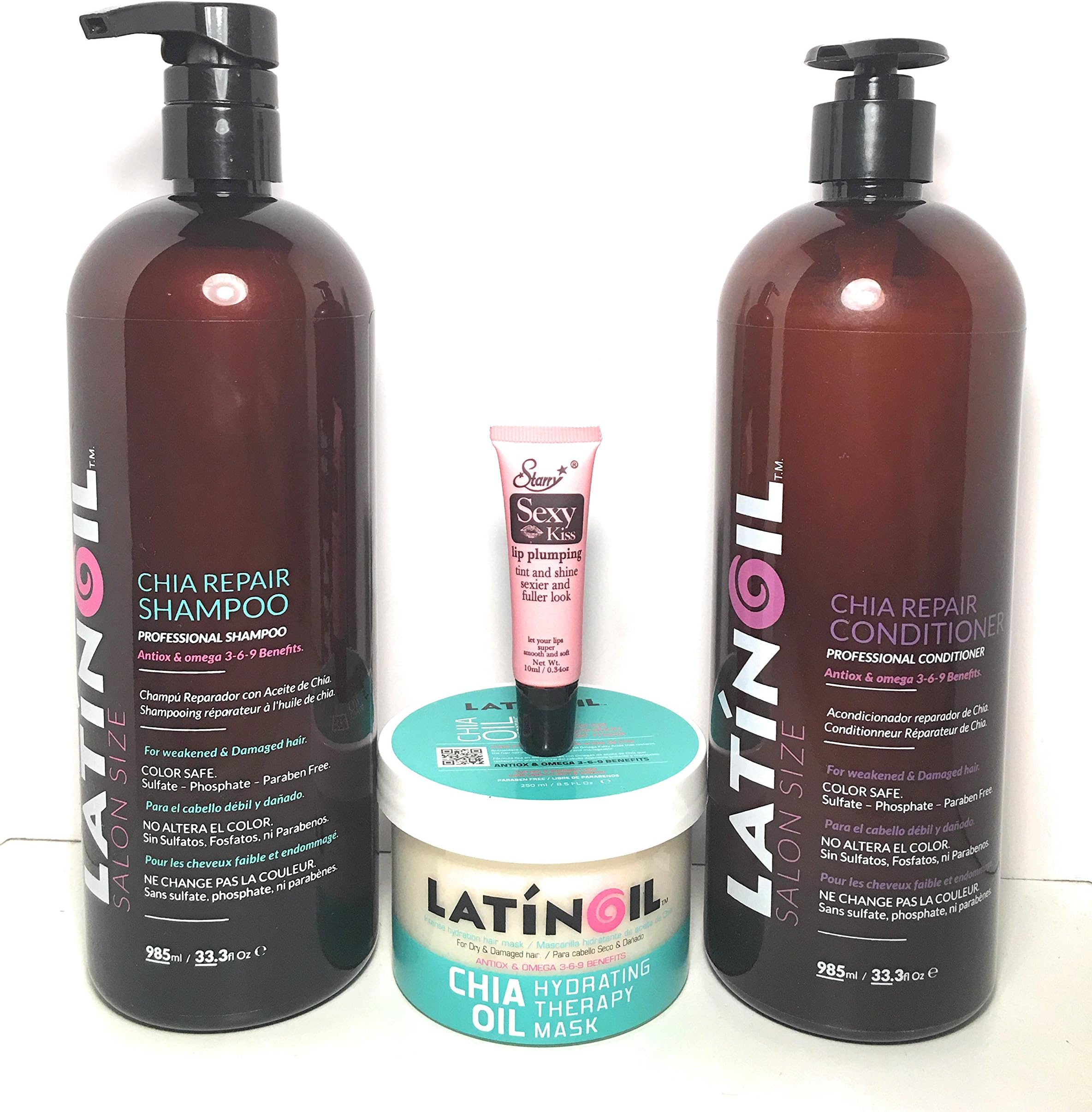 Latinoil Chia Seed Oil Shampoo 33.3 oz, Conditioner 33.3oz & Hydrating Therapy Mask 8.5 oz Set - Free Starry Sexy Lip Gloss 10ml