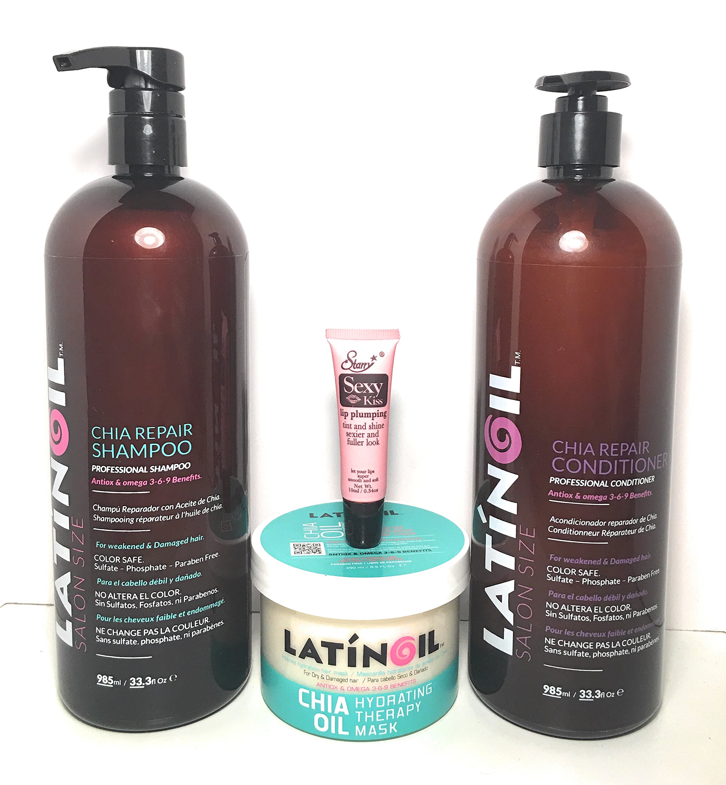 Latinoil Chia Seed Oil Shampoo 33.3 oz, Conditioner 33.3oz & Hydrating Therapy Mask 8.5 oz Set - Free Starry Sexy Lip Gloss 10ml