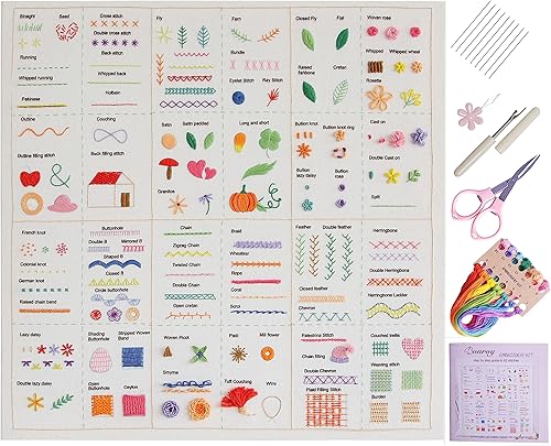 Bonroy Kit de práctica de puntada de bordado para principiantes, 82 puntadas diferentes, kit de muestreador de puntadas para bordar amantes de la