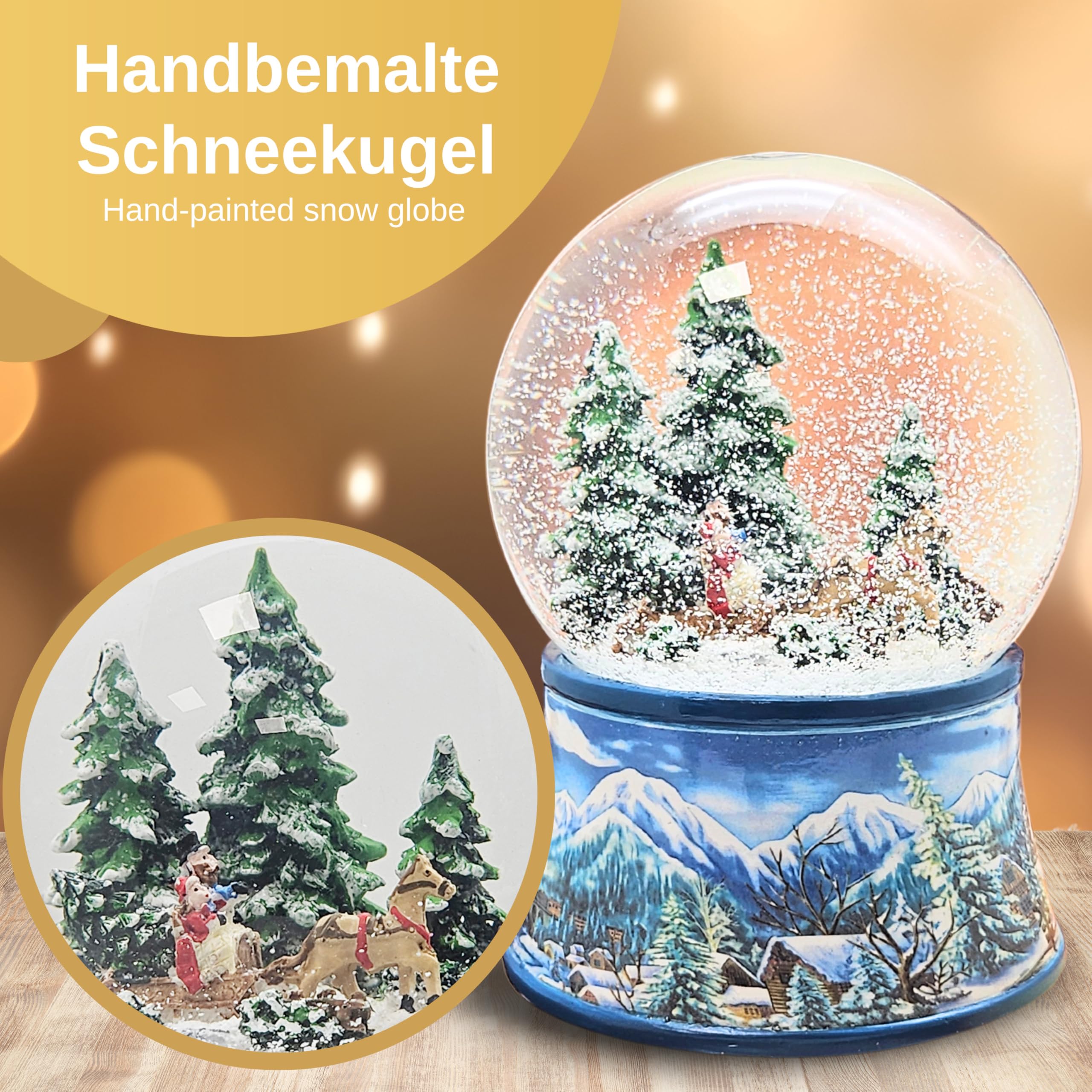 Schneekugel Schlittenfahrt Weihnachtsbaum Holen | Sockel Winterlandschaft hellblau | mit Spieluhr | H:14 cm B: 10 cm | Schüttelkugel | 20102
