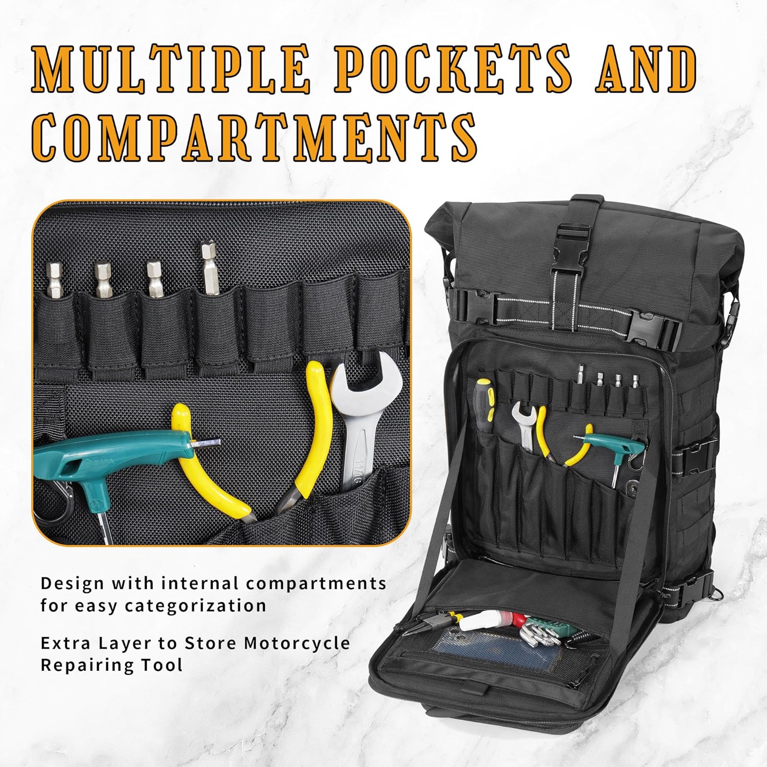 Motorcycle Sissy Bar Bag Tail Backrest Luggage Bag 51L Backpack Duffle Gear for Touring Camping Trip Travel Outdoor with Raincover and 1 Shoulder Strap, Black