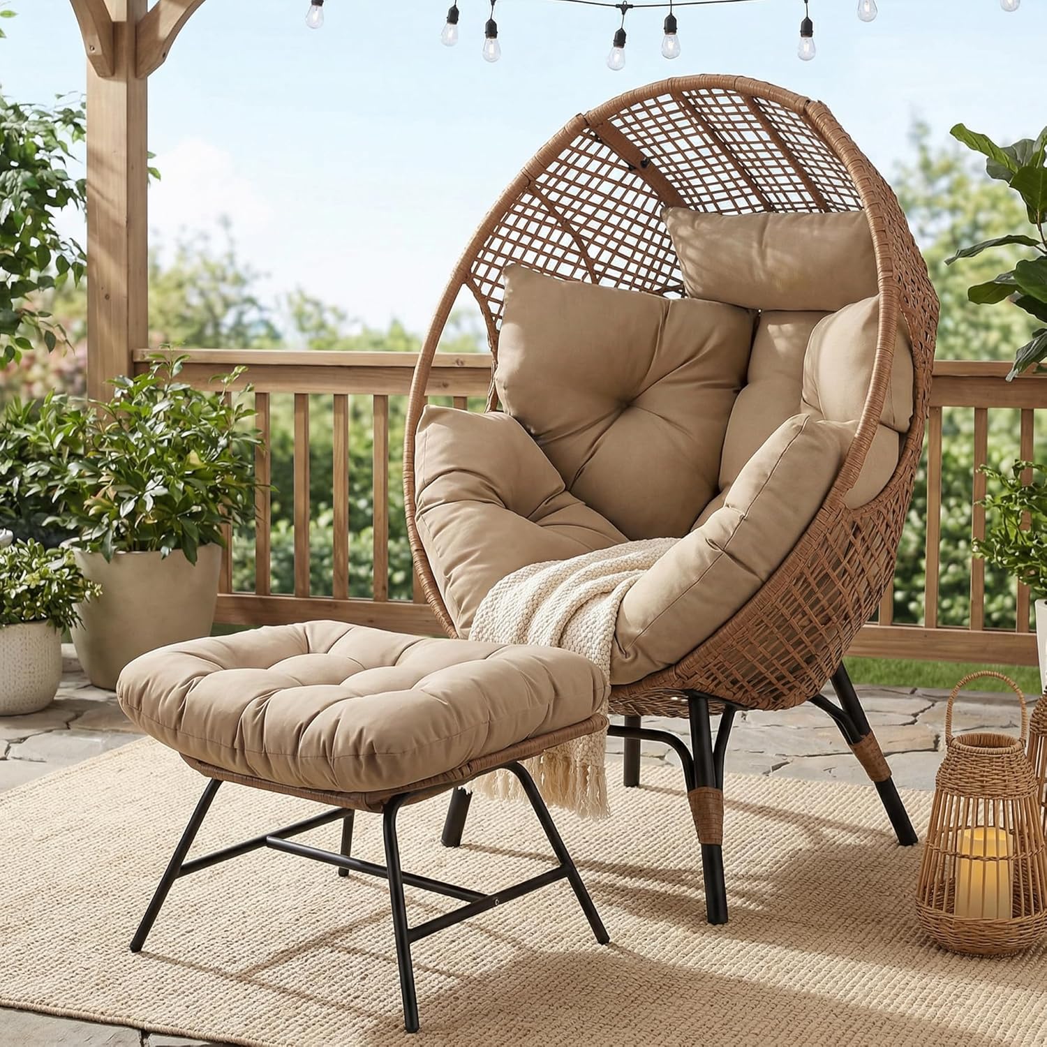 BULEXYARD Oversized Indoor Outdoor Egg Chair with Ottoman, Brown Wicker Patio Deep Egg Seat with Brown Thick Cushion & Foot Rest, Large Stationary Lounge Chair for Balcony Bedroom, 2 Pcs w/Cover