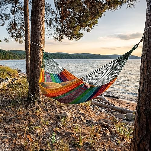 Miniatura 8 de Sunnydaze Hamaca doble maya tejida a mano XXL de cuerda gruesa para exterior, capacidad de 625 libras, hamaca resistente para exteriores, multicolor