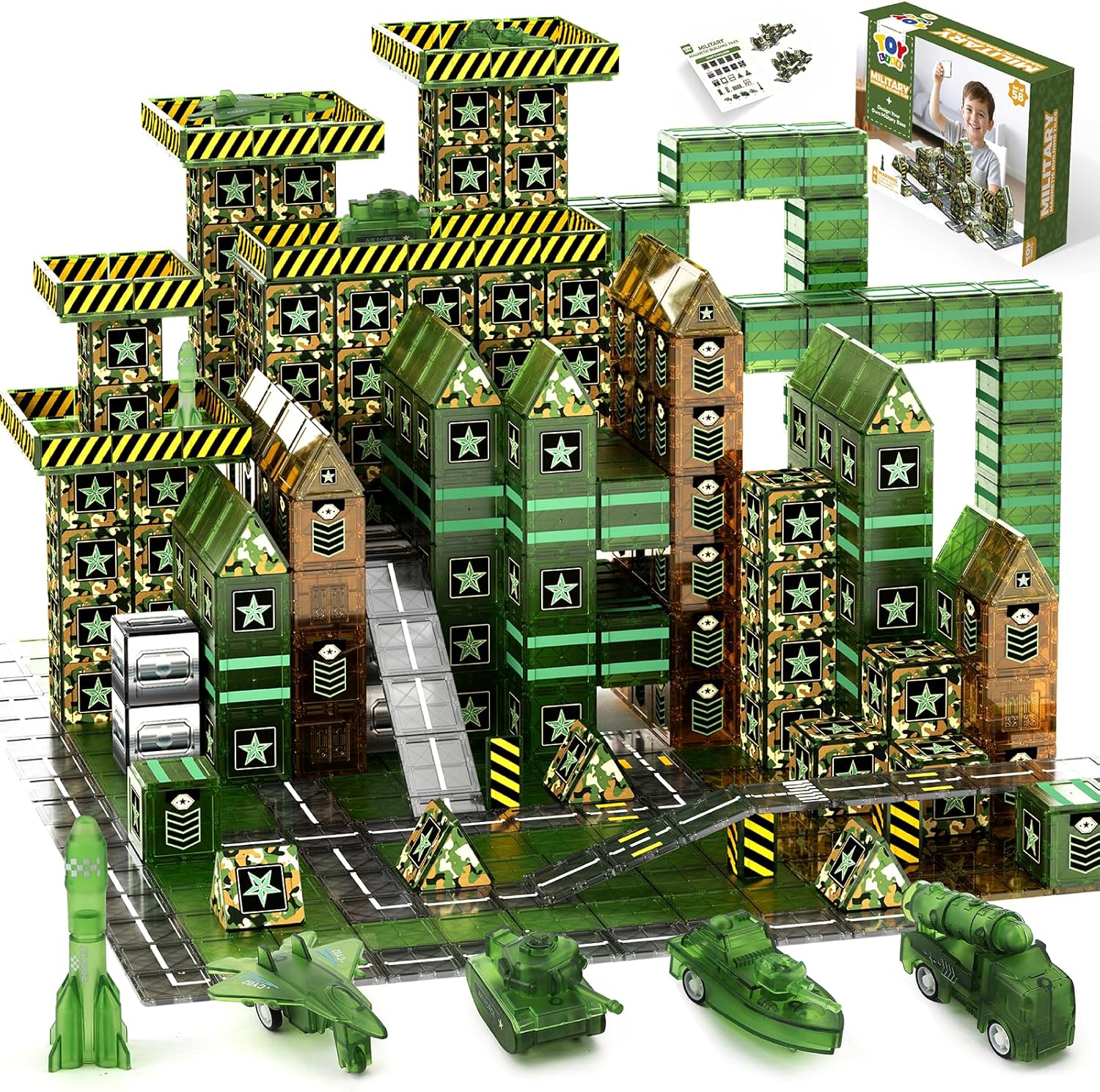 TOY Life 58PCS Magnetic Tiles Military, Army Toys Building Set for Kids Ages 4-8, STEM Magnetic Building Blocks for Toddler 3-5, Educational Magnet Tile Army Men Base Set for Boys & Girls Ages 3+
