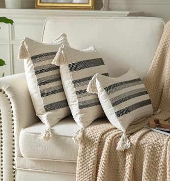 Caflife Boho Throw Pillow Covers 20x20 Decorative Pillows for Bed, Neutral Pillows Cover with Tassels for Modern Farmhouse Couch Sofa Living Room Outdoor Cushion, Pack of 1, Beige with Black Line