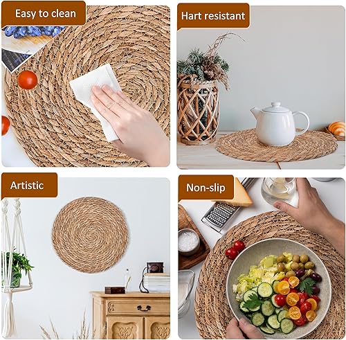 Miniatura 5 de Defined Deco - Juego de 10 manteles individuales tejidos redondos de ratán de 13 pulgadas, jacinto de agua tejido a mano natural, manteles