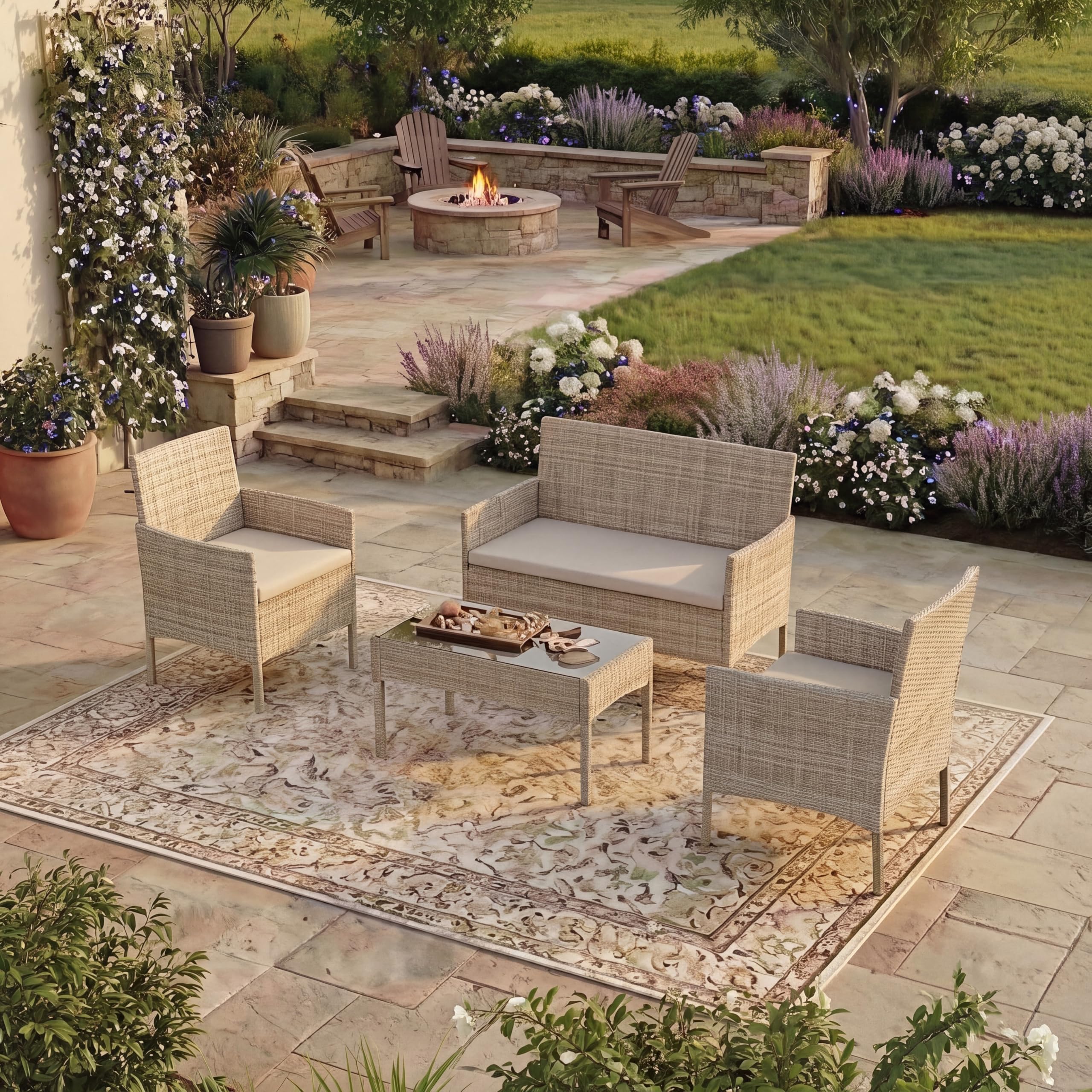 Garden Vida Kendal 4 Piece Rattan Seating Set | Natural | Outdoor Garden Patio Furniture Set | Steel Frame & PE Wicker Construction | UKFR Certified | Weather Resistant Garden Chairs