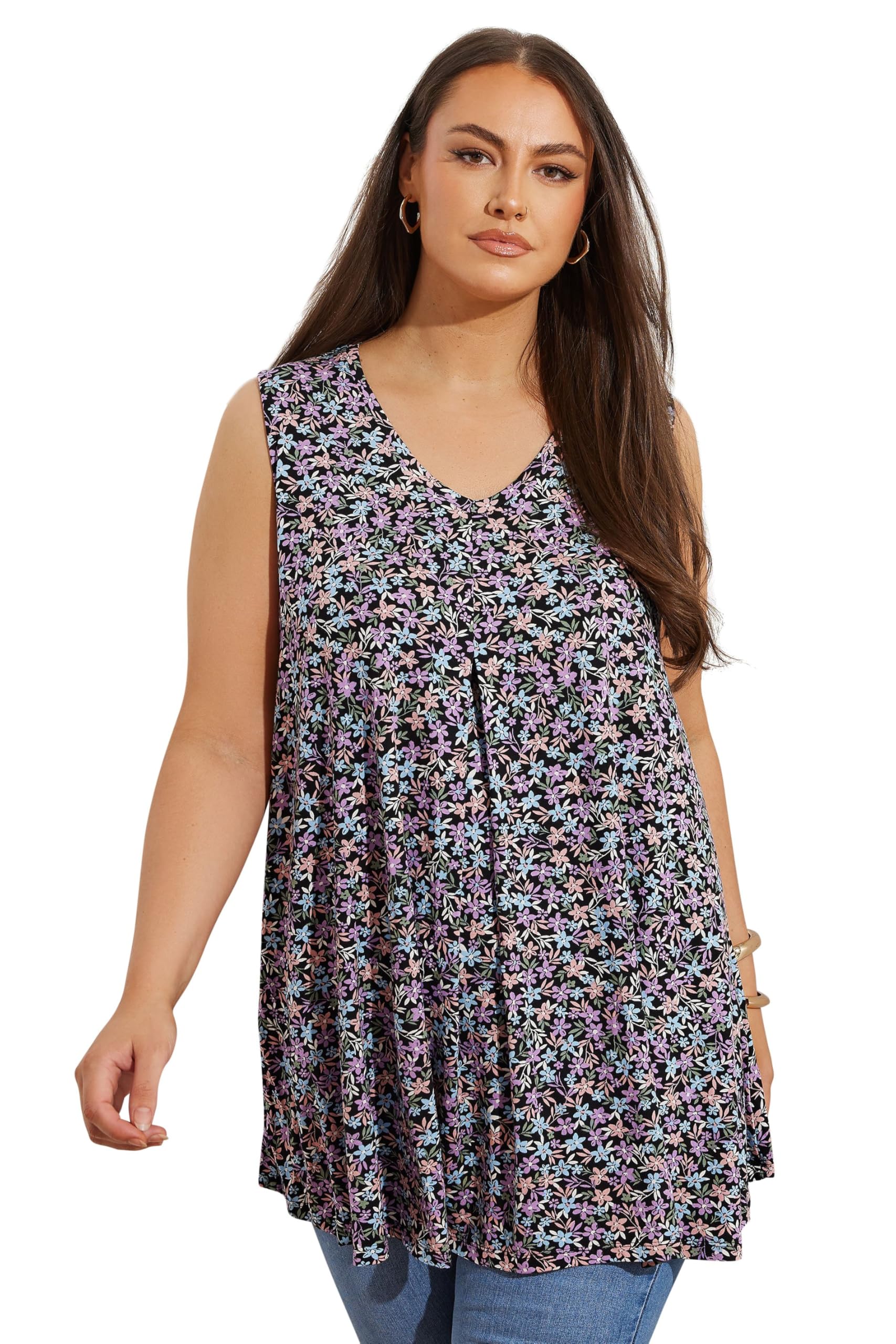 Yours Women's Black Curve & Purple Floral Print Swing Vest Top - Plus Curve 22-24 Plus