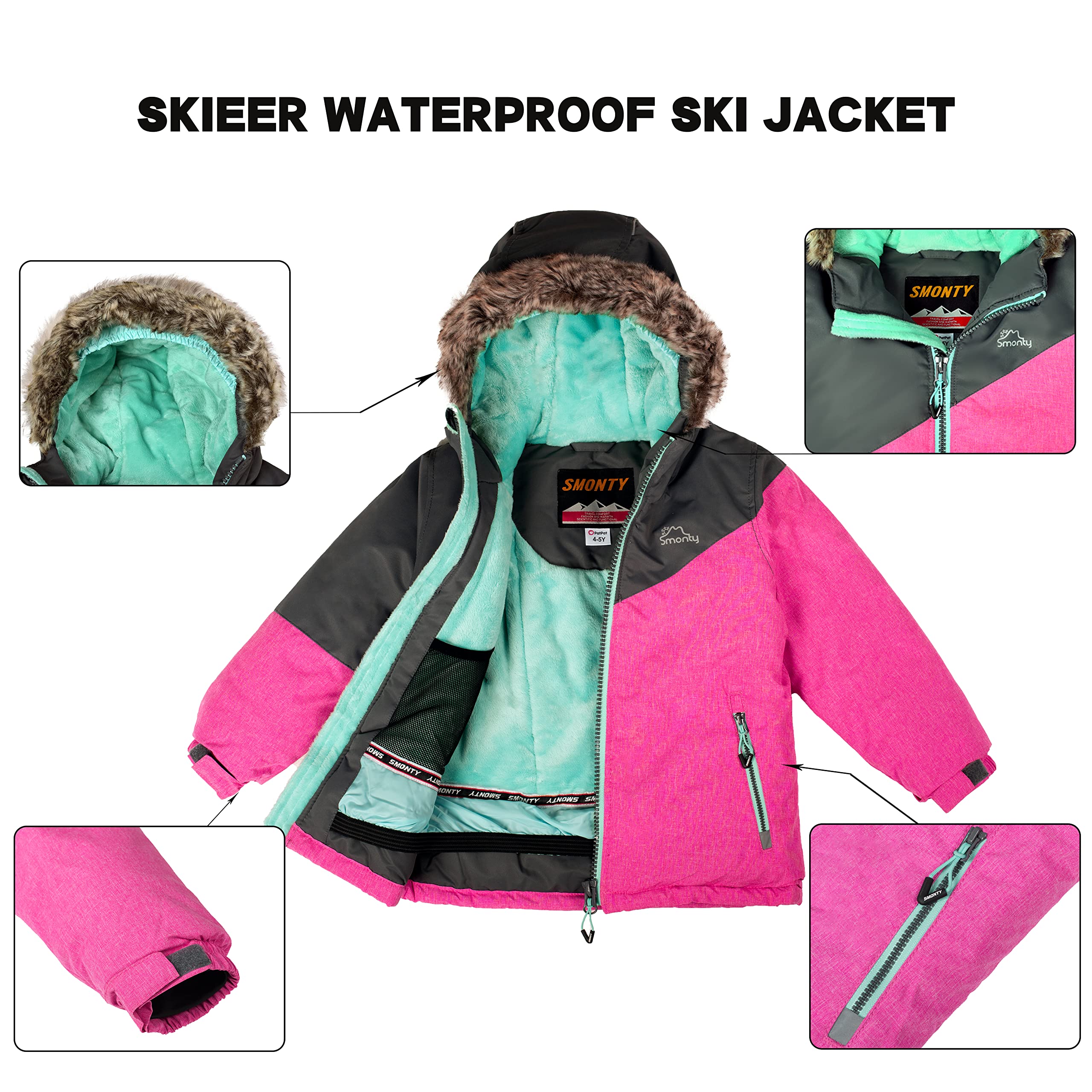 SMONTY Traje de nieve para niños para niñas Conjunto de chaqueta y pantalones de esquí de invierno Conjunto de correas con capucha A prueba de viento Impermeable Cálido (3-4, Gris Rosa)