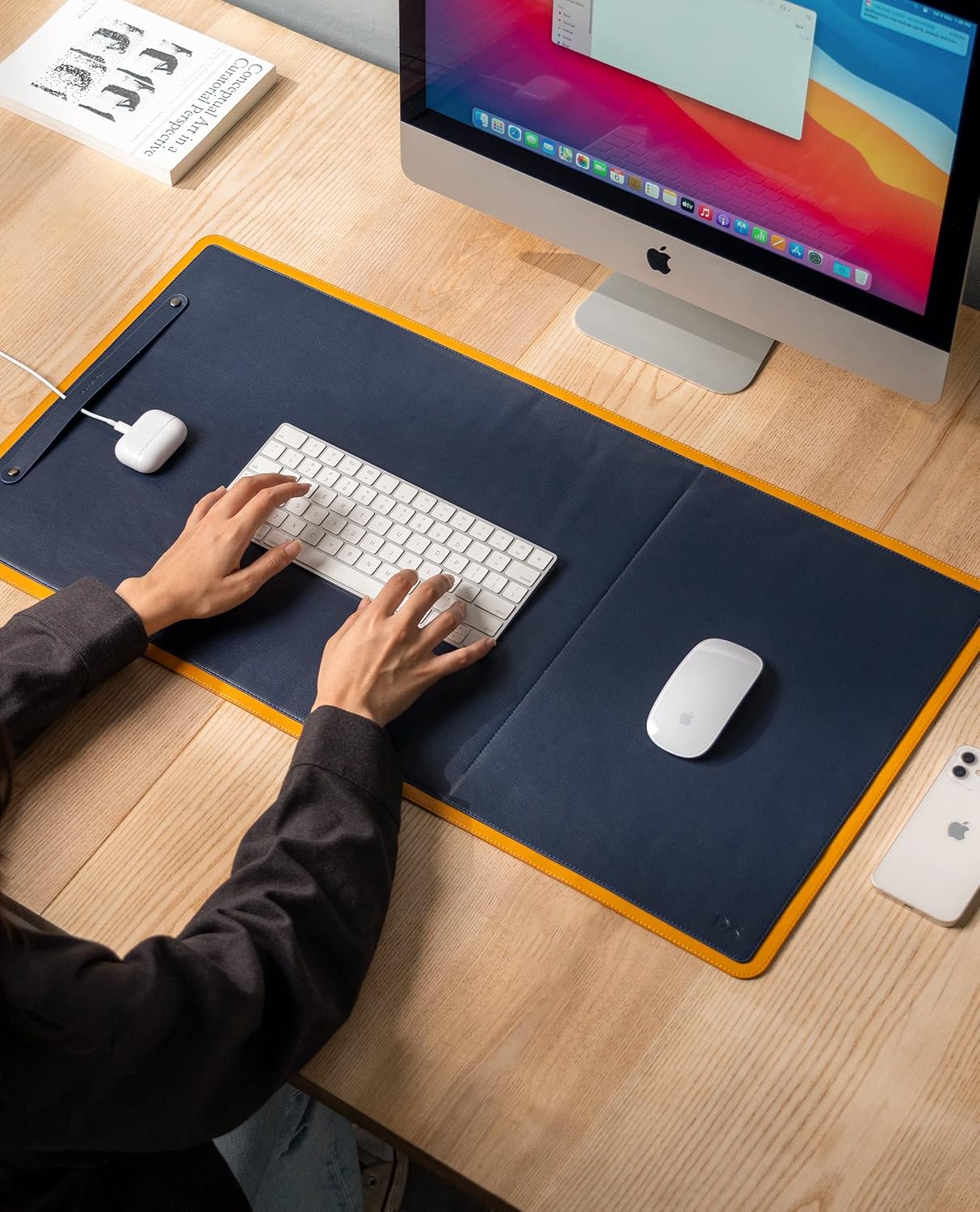 DailyObjects Dart Large Premium Vegan Leather Desktop/Laptop Desk Mat for Work from Home/Office/Gaming | Cable Organiser & Hideway Storage | Extended Mousepad & Water-Resistant – Mustard – Model – R2