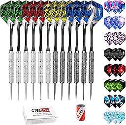 CyeeLife Dardos de Punta de Acero 20g+12 Ejes de plástico+36 Plumas con+Sacapuntas