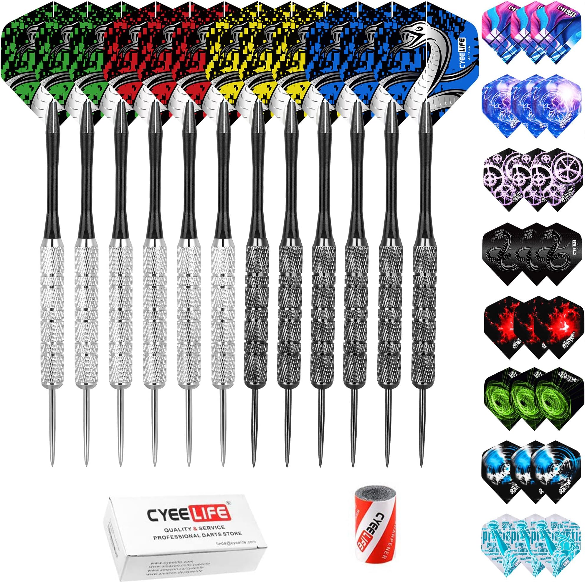 CyeeLife Steel Tip Darts Set with Shafts, Protectors,Extra Flights,Sharpener and Tools