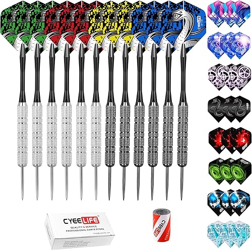 CyeeLife Steel Tip Darts Set with Shafts, Protectors,Extra Flights,Sharpener and Tools