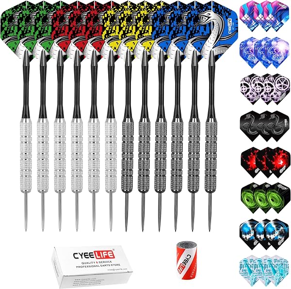 CyeeLife Dardos de Punta de Acero 20g+12 Ejes de plástico+36 Plumas con+Sacapuntas - 1