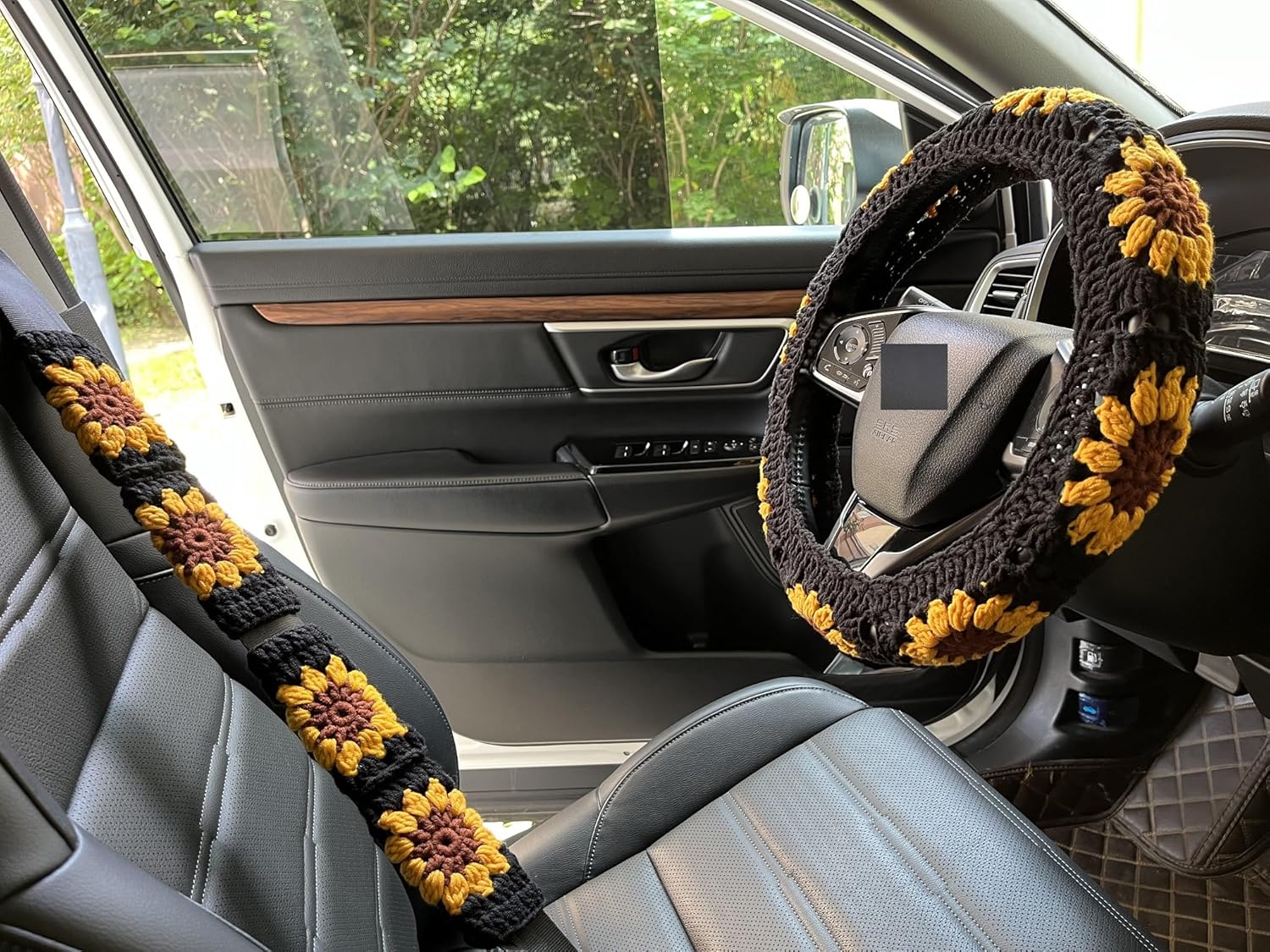 Handmade Crochet Sunflower Flower Steering Wheel Cover Black Universal 14-15 inch for Women/Men (Steering Wheel Cover+2 Belt Cover)