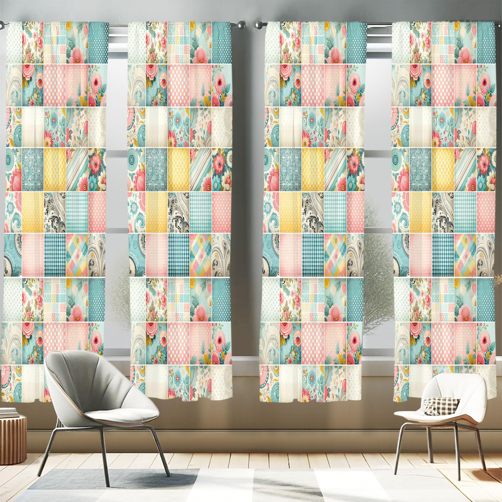 Ambesonne Vintage Window Curtains Pack of 2, Floral Boho Nostalgic Gingham Checkered Polka Dots Patchwork Like Squares, Lightweight Set with Rod