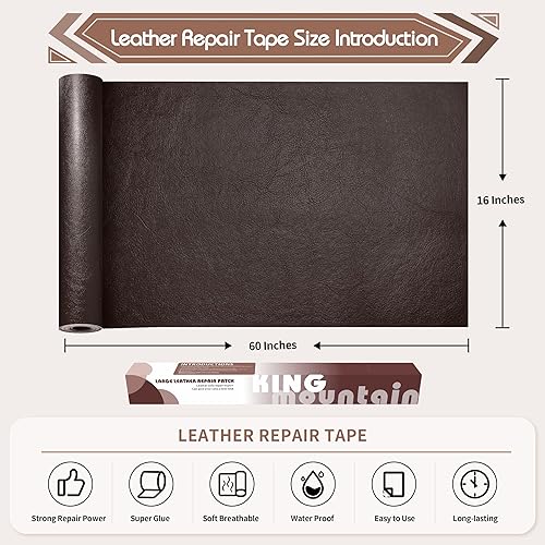 Vista 166 de KING MOUNTAIN Cinta de reparación de cuero, 16 x 60 pulgadas, gris, autoadhesiva, impermeable, ecológica