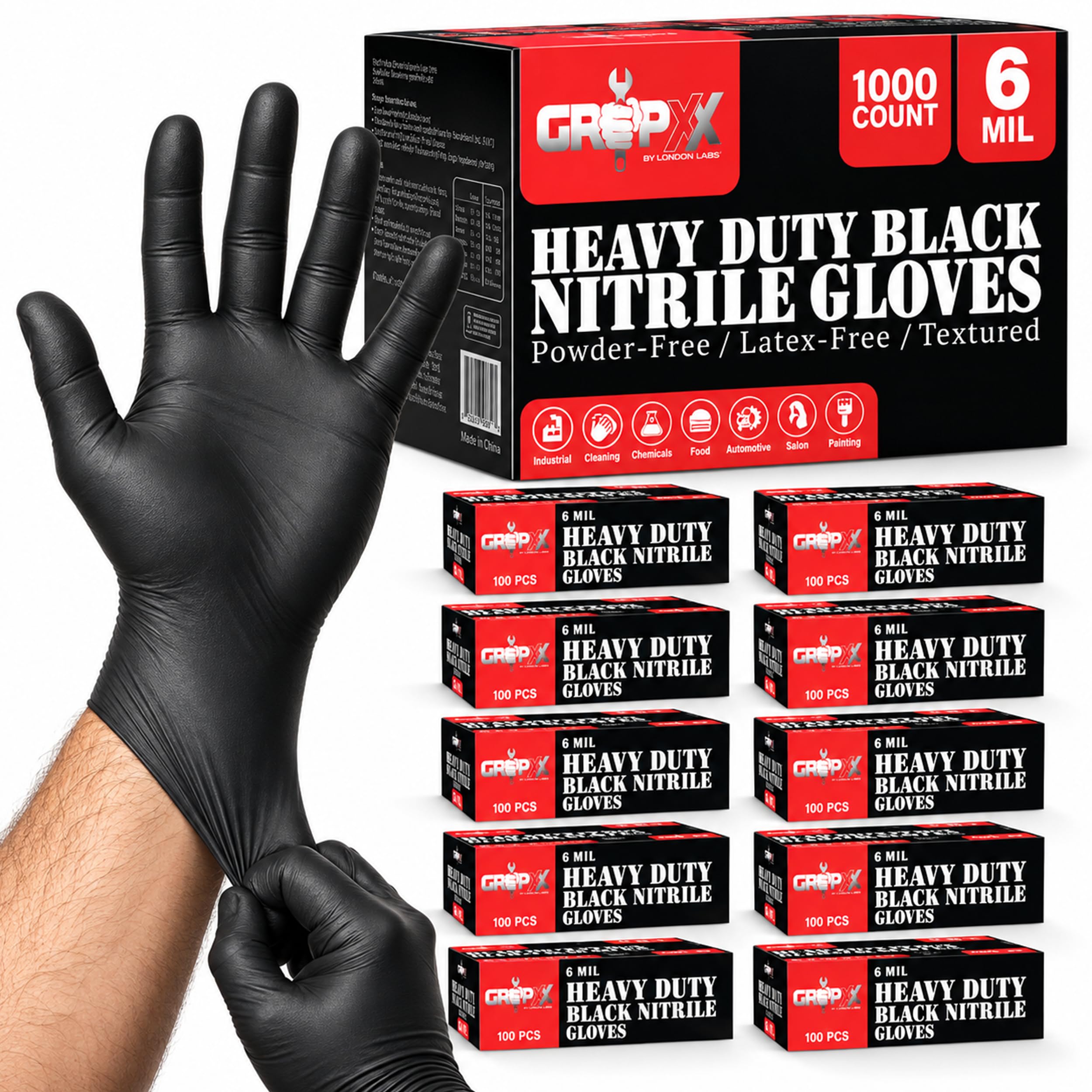 London Labs Heavy Duty 6 Mil Black Nitrile Gloves - Disposable, Latex & Powder Free | Mechanic, Food Prep & Tattoo | Rubber Gloves for Cooking, Cleaning & Household |Bulk Case of (1000)