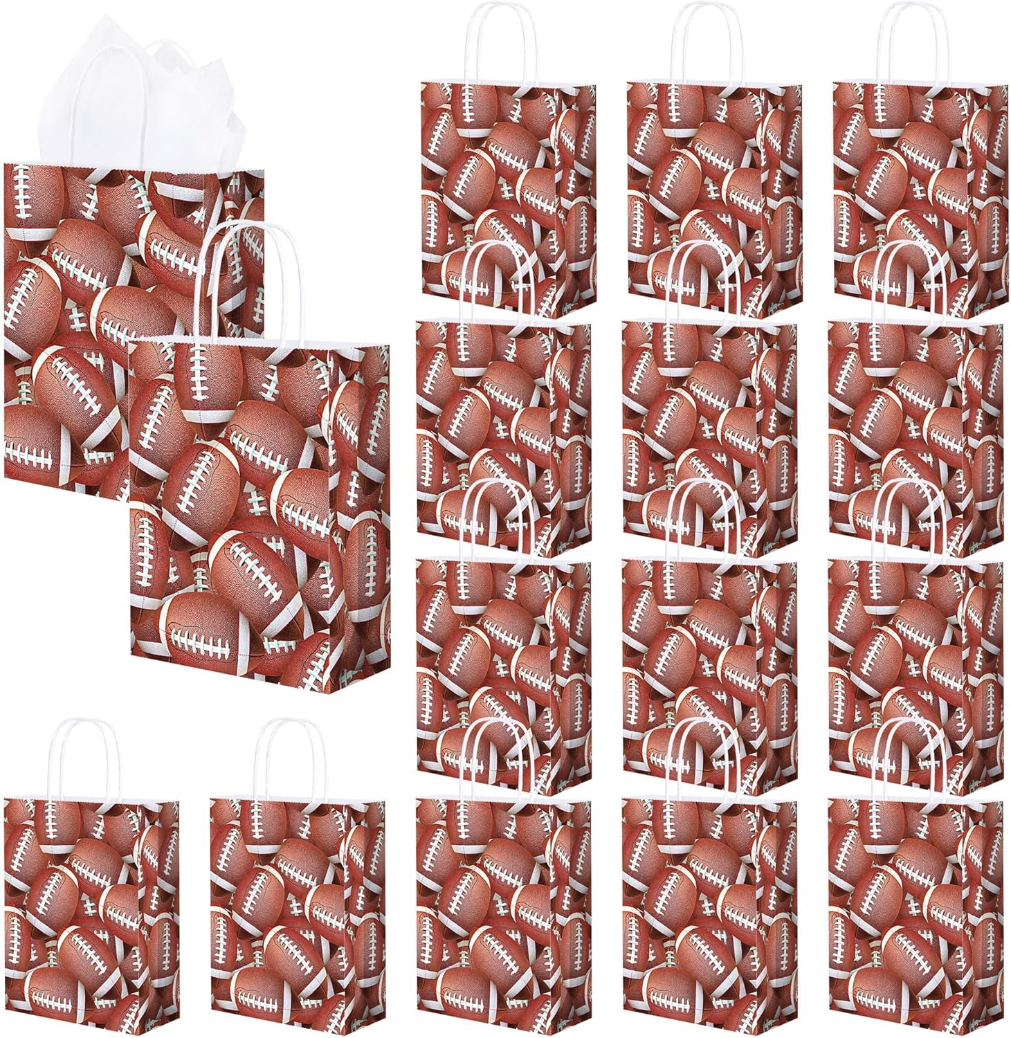 MIMIND 16 Pieces Football Gift Bags Tissue Paper 8.7 x 6.3 x 3.2 Inches Football Favor Bags with Handles Goodie Candy Treat Bag for Birthday, Sports Themed Party Supplies