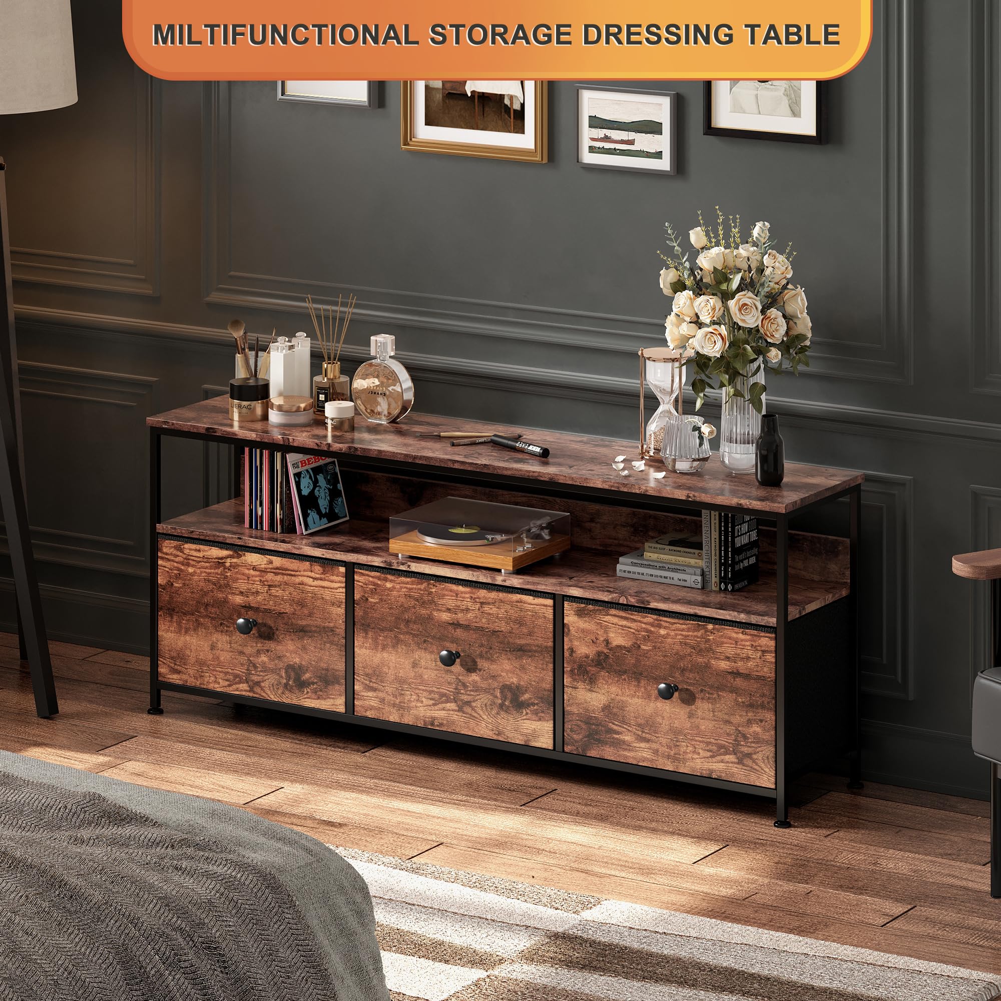 MINGZHE Armadio TV, Tavolo TV Retrò, Supporto Multimediale, Supporto TV con Cassetti, Centro di Intrattenimento, Console Multimediale, Supporto TV per Soggiorno, Retrò, Marrone 108x30x57 cm