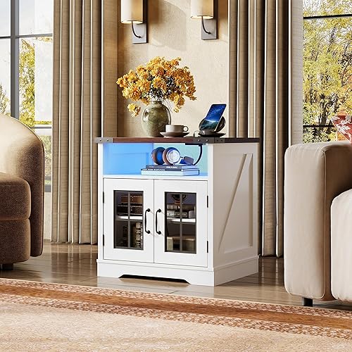 Miniatura 2 de WLIVE Mesa auxiliar de granja, mesa auxiliar para sala de estar con estación de carga, mesita de noche LED de granja con estante de almacenamiento