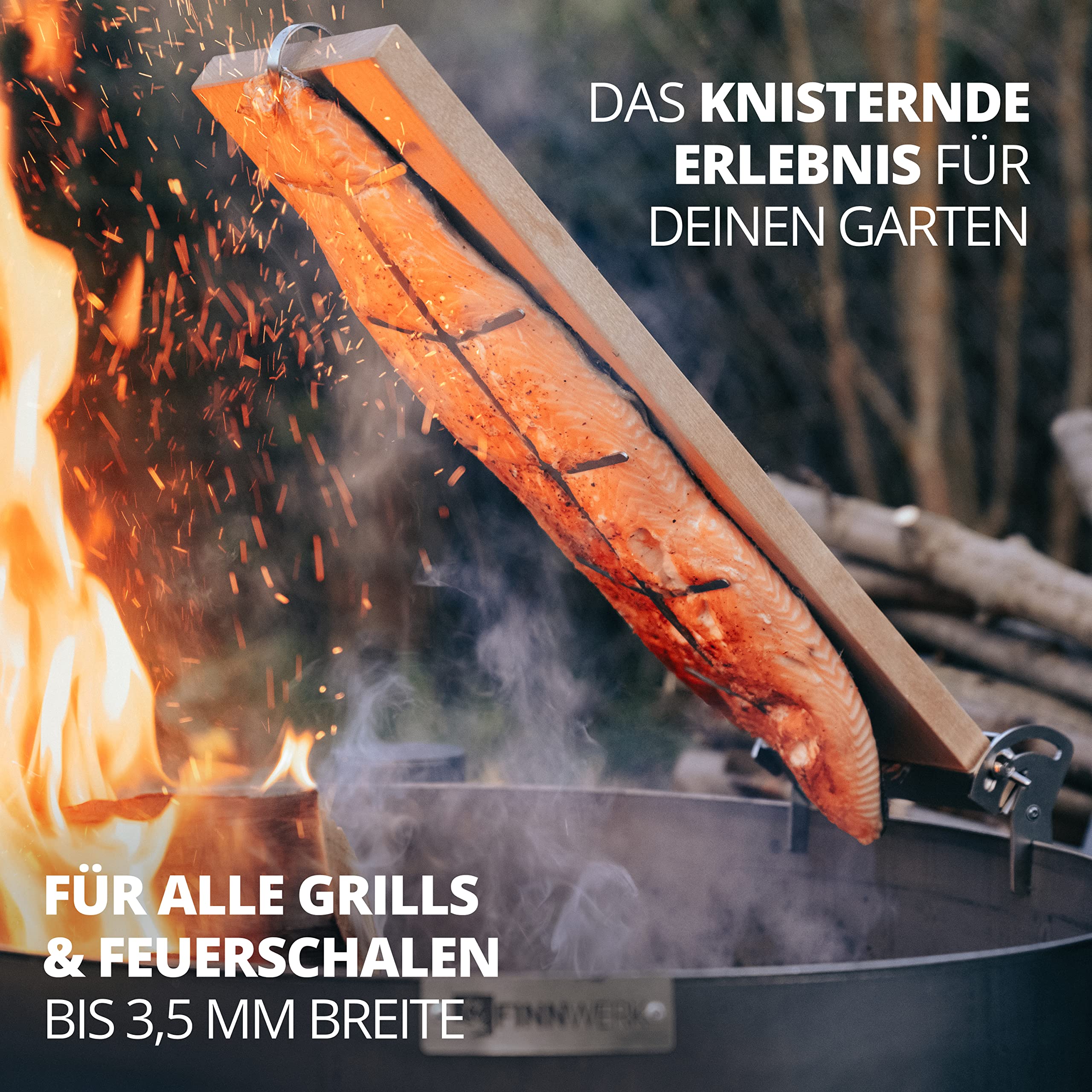 FINNWERK Flammlachsbrett - Flammlachsbretter mit Halterung aus Edelstahl - Perfekte Lachsbretter zum Grillen aus massiver Birke - Auch Ideal als Räucherbrett - Winkelsystem zur optimalen Einstellung