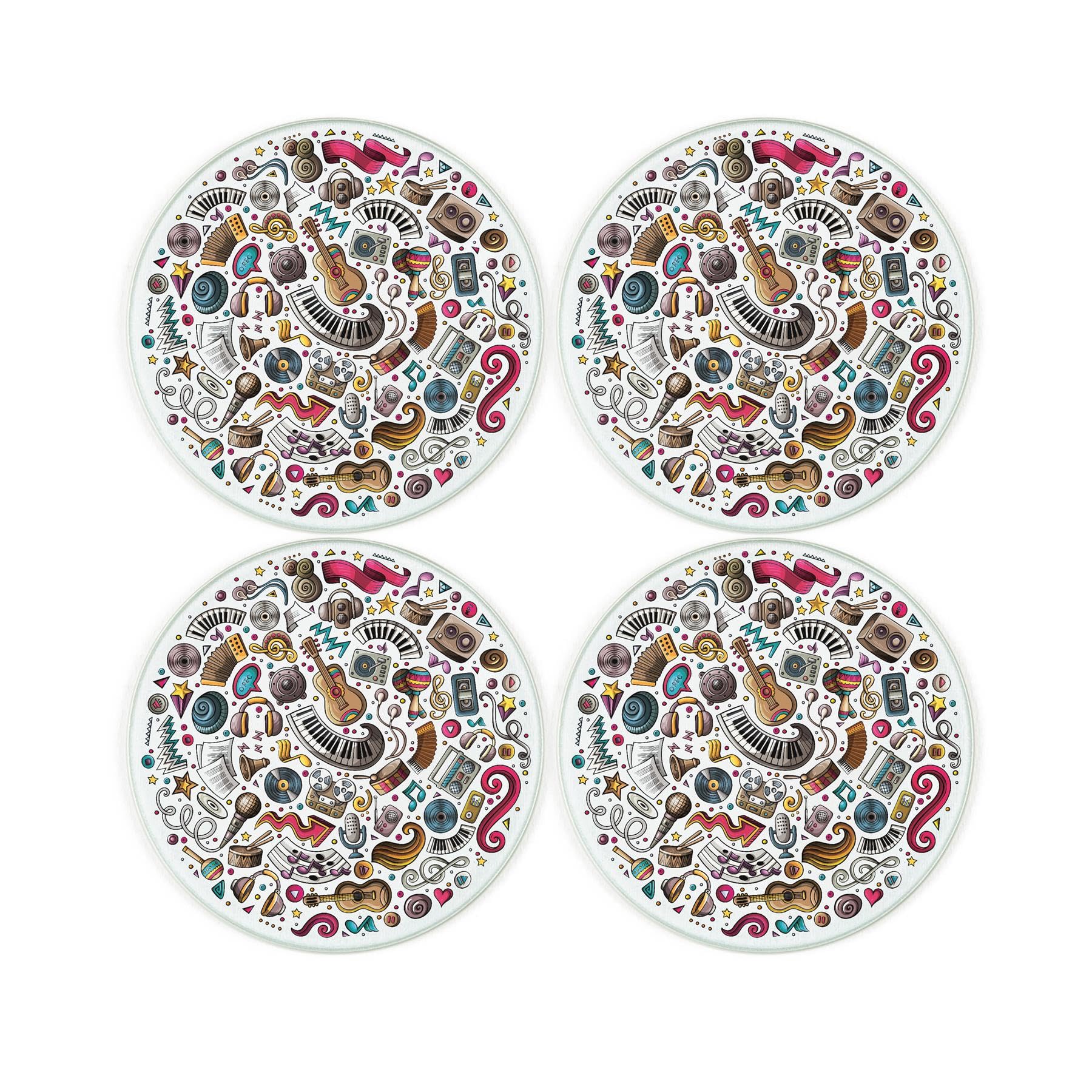 Purely Home Music Montage Coaster Set - Round Glass Instruments Music Gift - Set Of Four (4) Drinks Coasters