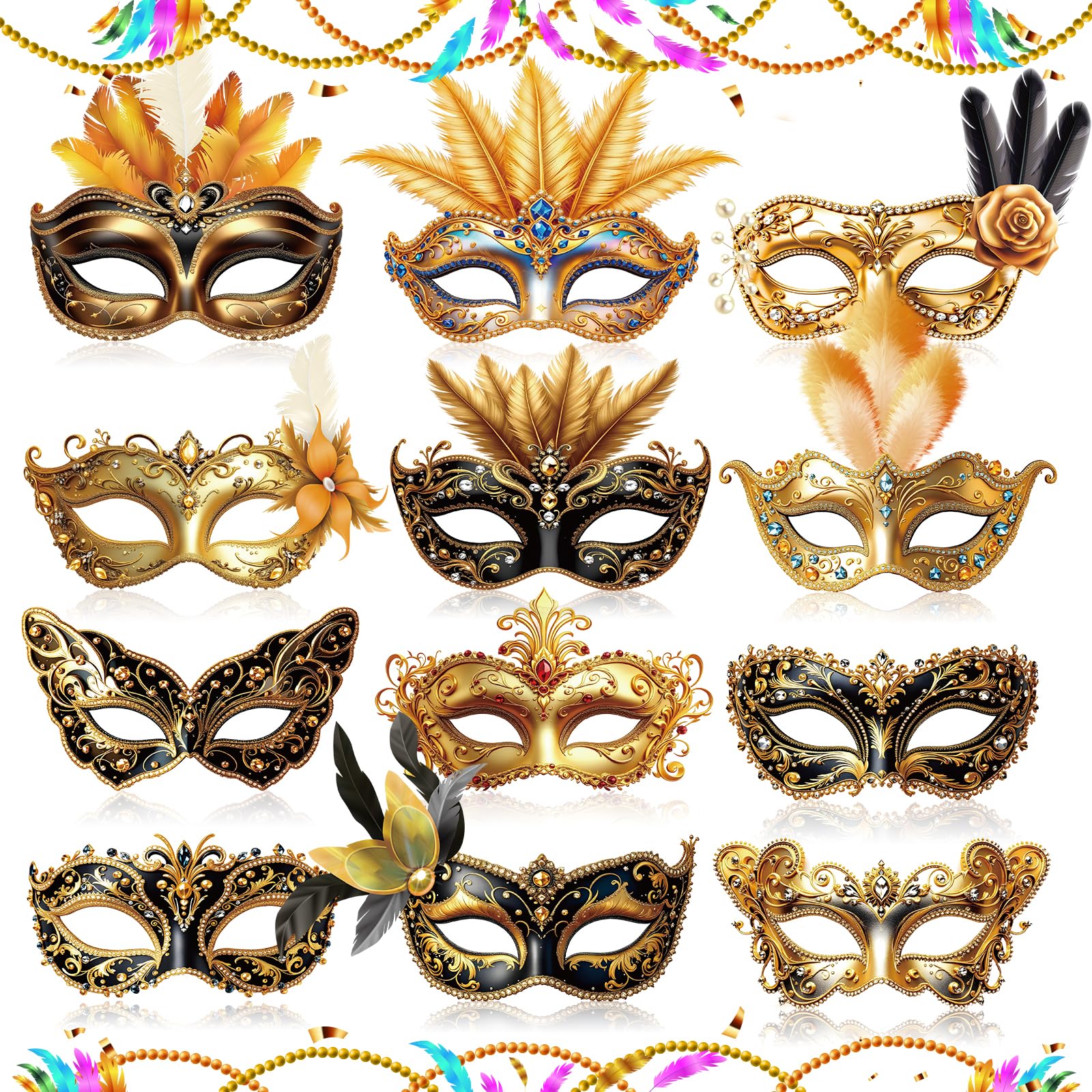 12 PCS Mardi Gras Masks Paper Glitter Gold Masquerade Masks Vintage Feather Masks Parade Prom Party Favors for Men Women Kids New Orleans Mardi Gras Costume New Year Photo Booth Props