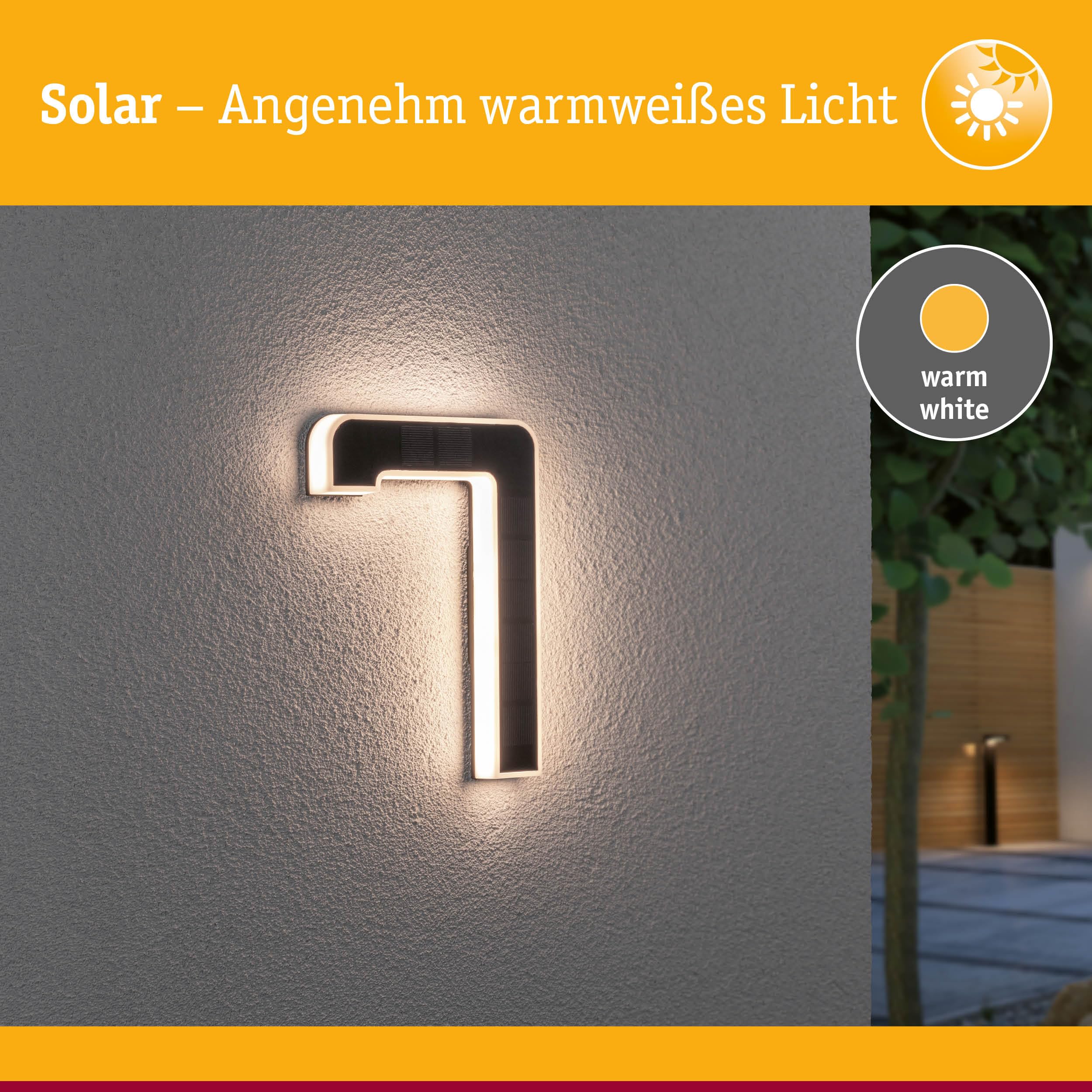 Paulmann 79848 LED Solar Hausnummer 7 IP44 Warmweiß Akku wechselbar Solarleuchte, Solarlampe Kunststoff 3000 K, Schwarz, Incl. 1x0,2 Watt - Einheitsgröße