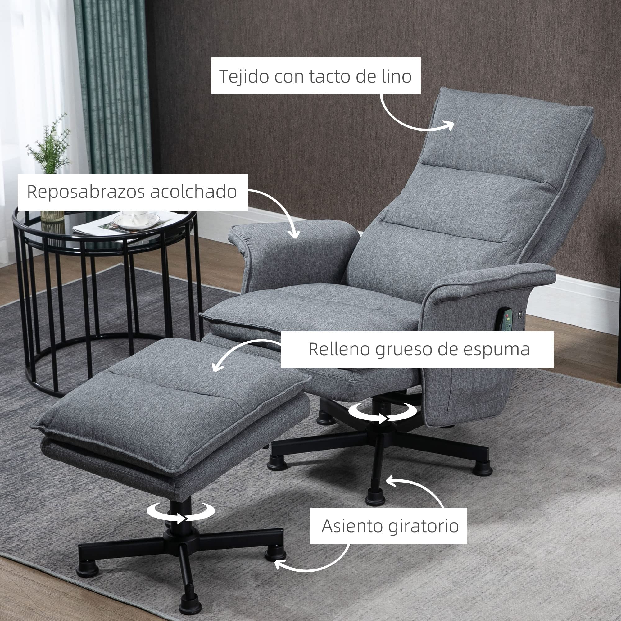 HOMCOM Sillón de Masaje Relax Eléctrico con Reposapiés 78x93x99 cm Gris | Sillón Masaje, Tapizado en Lino, con Mando a Distancia, 8 Zonas, Carga 120 kg