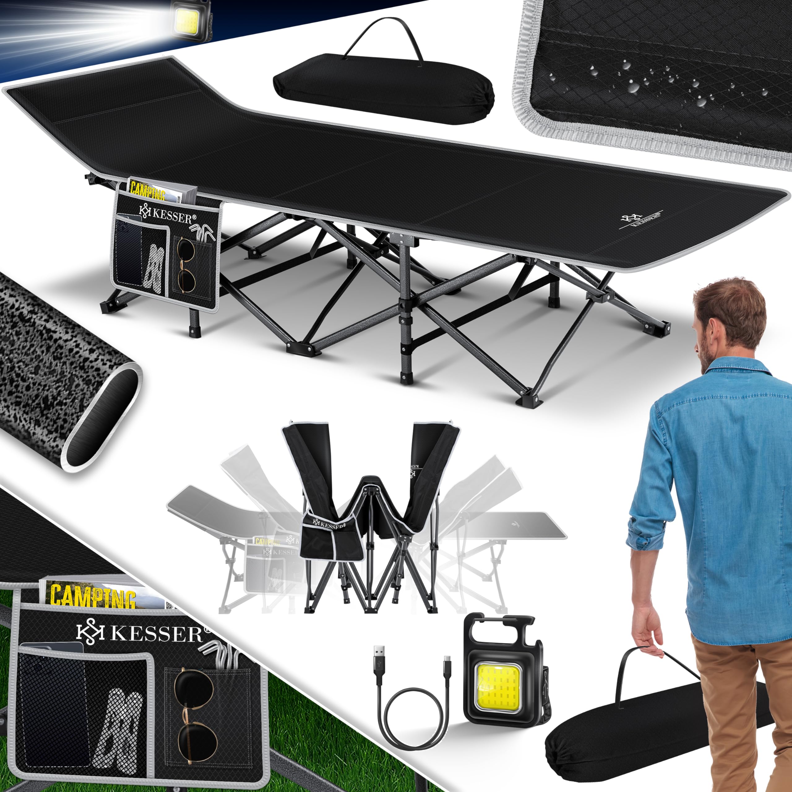KESSER® Campingbed, veldbed, inklapbaar klapbed, campingbed incl. draagtas zijvak, 190x67x35 cm tot 250 kg belastbaar, metalen buis 600D Oxford-weefsel stabiel draagbaar ligbed comfortabel op reis