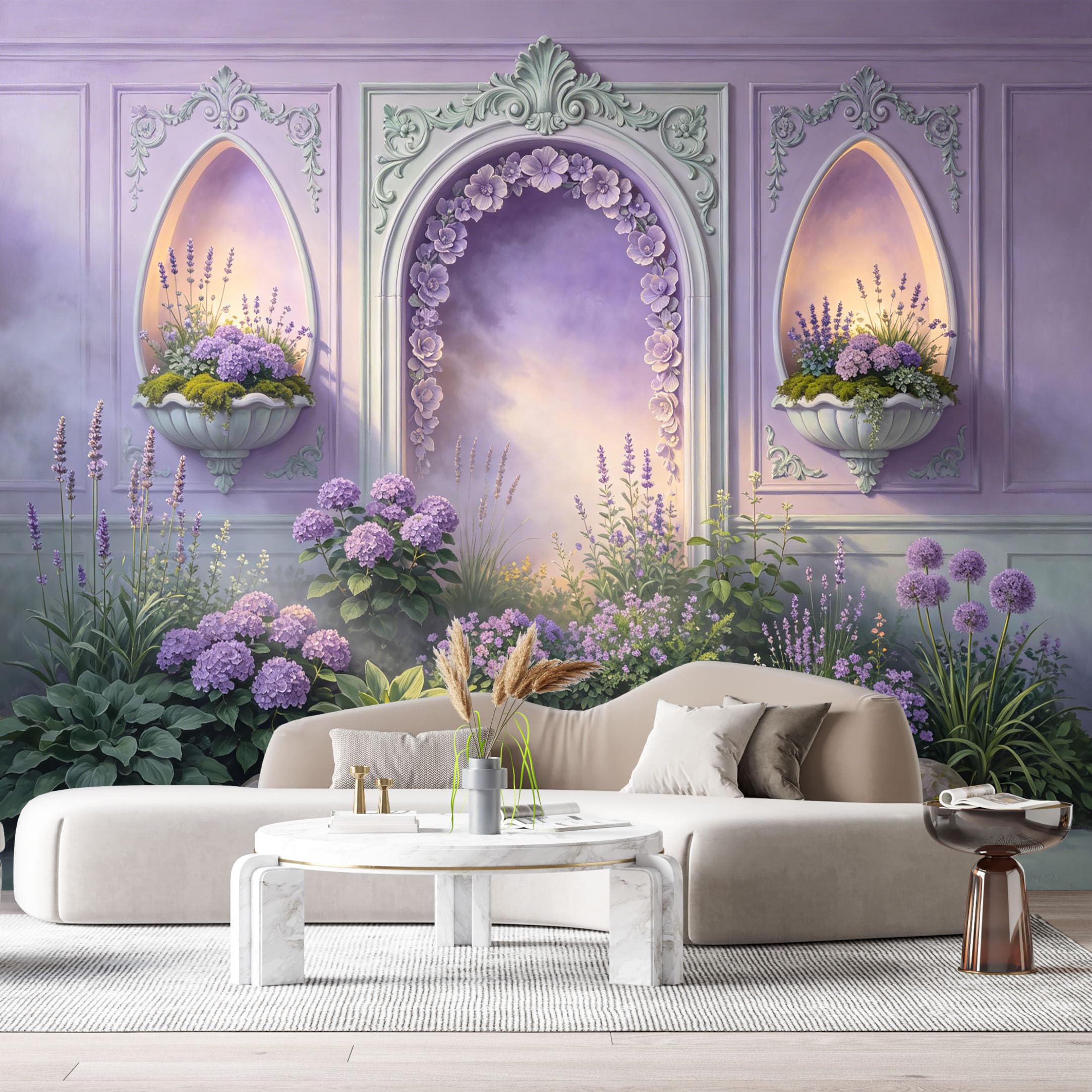 Custom Size Wall Murals Lavender Garden Botanical Floral 3D Trompe L'Oeil SelfAdhesiveWall Fabric Removable Wallpaper Wall Decor for Living Room Bedroom Bathroom