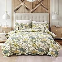 Vista 15 de DURLENGEN - Juego de edredón de algodón 100% patchwork beige y azul, reversible bohemio con patrón de hojas y flores en blanco, juegos de cubrecama
