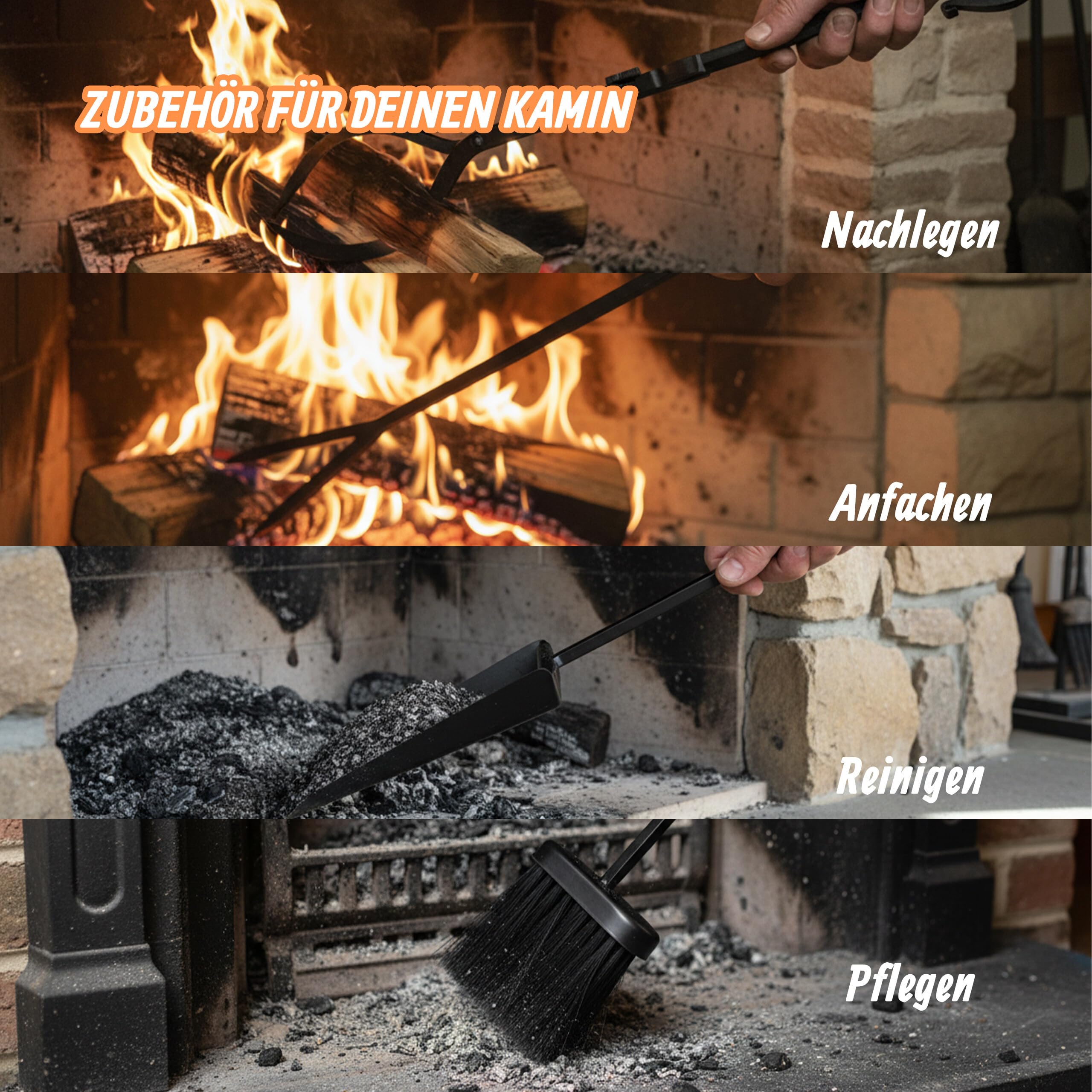 Relaxdays Kaminbesteck, 5-TLG. Set, Schürhaken, Schaufel, Aschebesen, Feuerzange, Wandhalterung, Ofengarnitur, schwarz