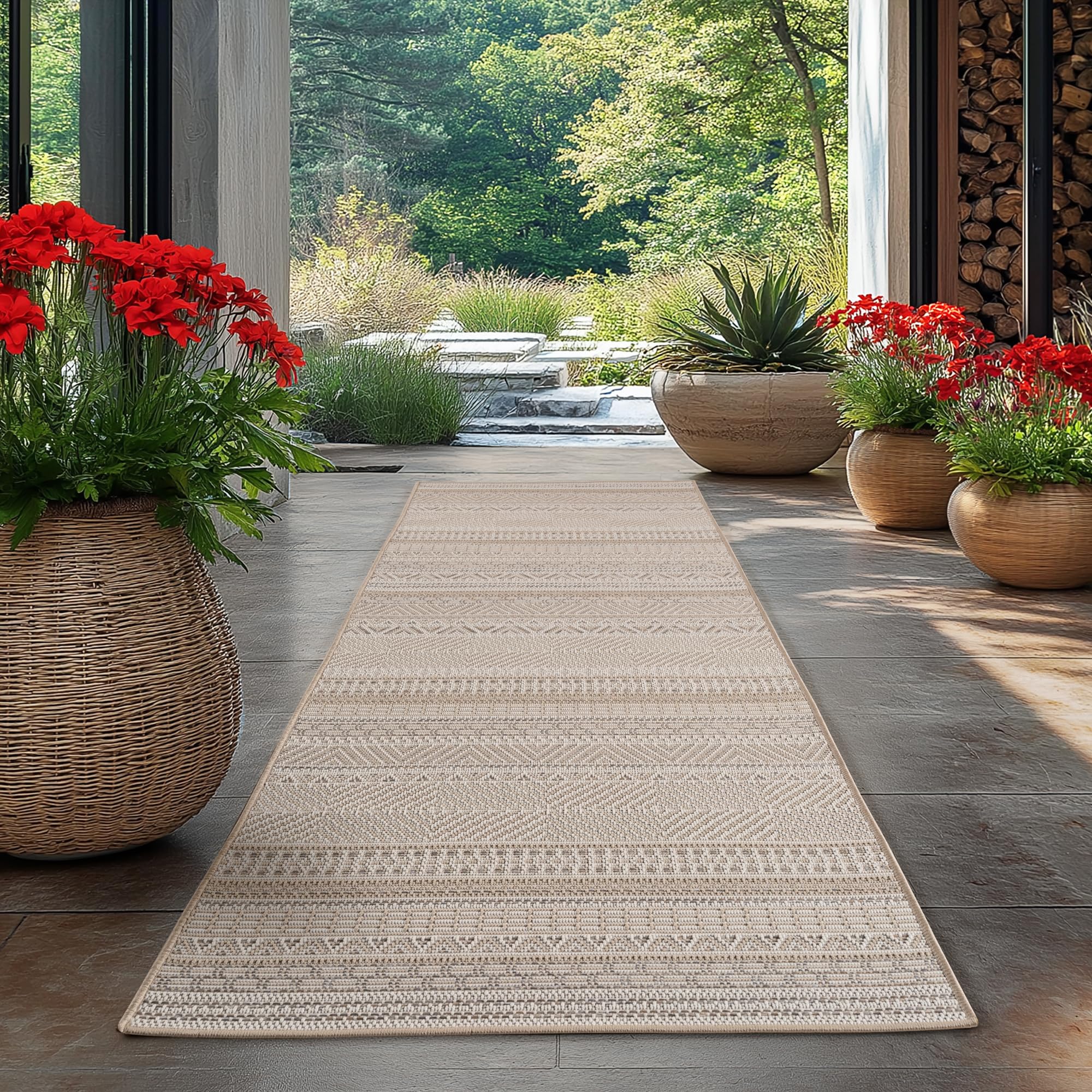 Tapis d'extérieur résistant aux UV et intempéries bohème beige