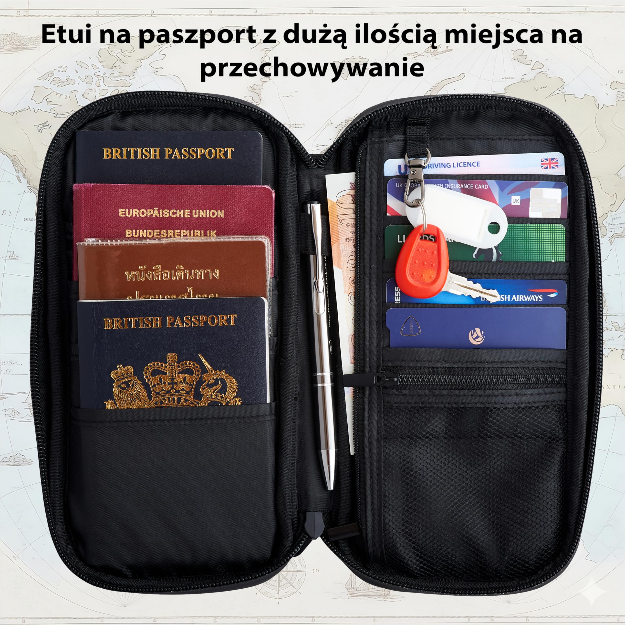 OW-Travel Etui na Paszport i Dokumenty (czarny) z ochroną RFID. Pojemne etui na paszport 4 paszporty na bilety lotnicze. Dołączone paski na nadgarstek i szyję bez użycia rąk