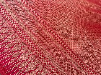 Amornphan 44 Inches Traditional Thai Silk Damask Fabric for Wedding Dress Skirt Red and Gold by The Yard