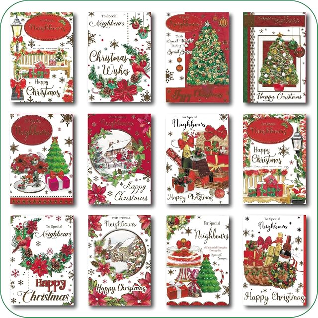 Greetingles Pack of 12 Various Traditional Xmas Design Christmas Cards & Envelopes (To Neighbours)