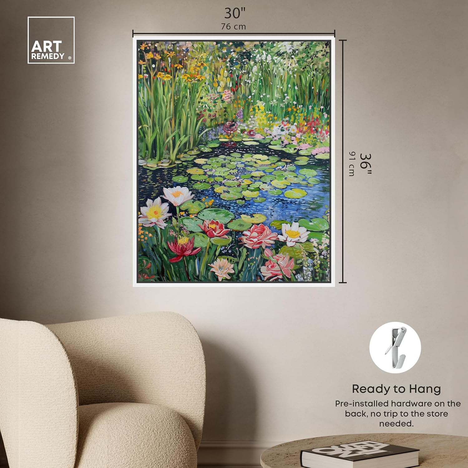 Art Remedy Impressionist Pond Framed Impressionism 1 Piece Canvas Wall Art/Monet And Van Gogh Inspired Art, 31" x 37", White Frame