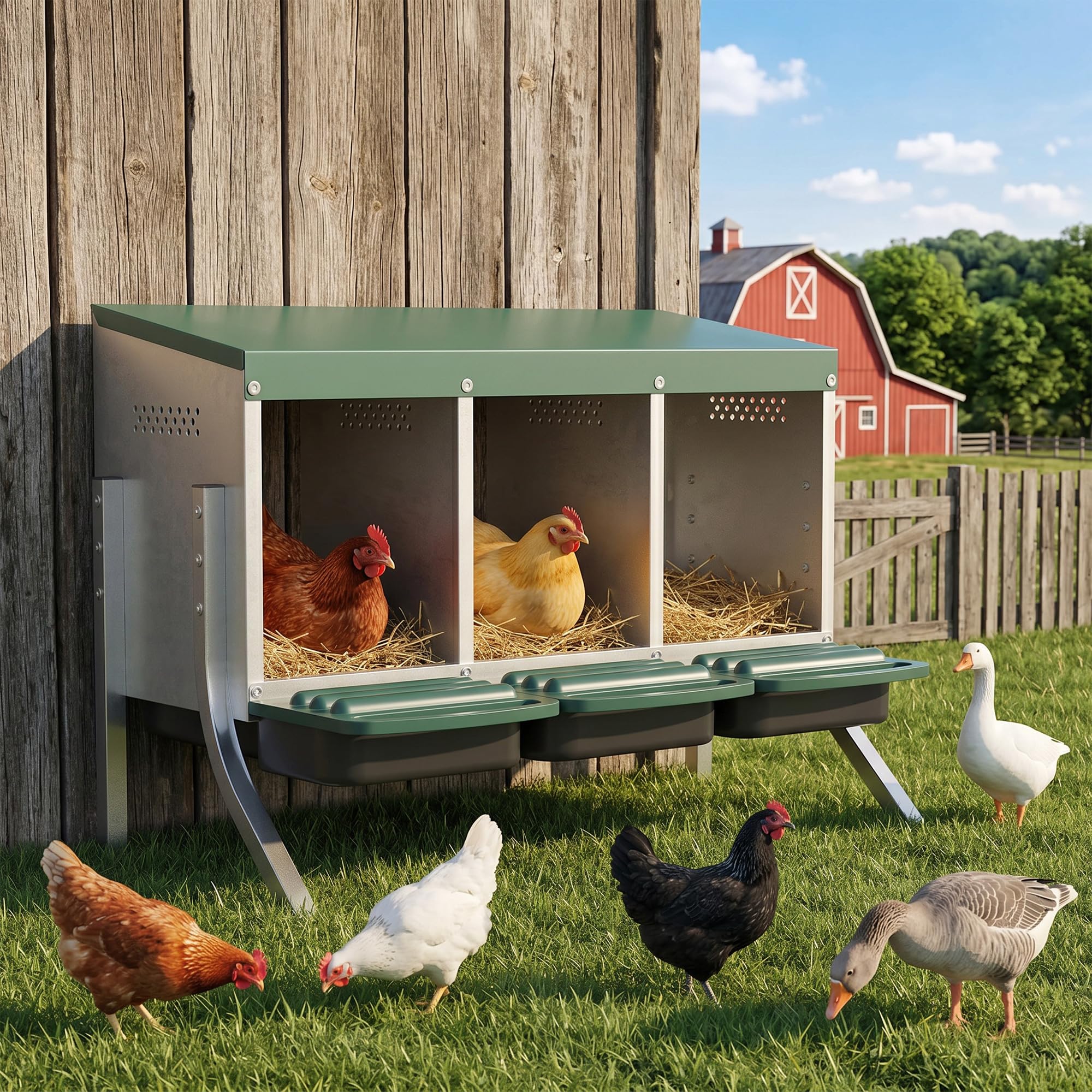 PawHut Legenest für Hühner, Abrollnest mit Belüftungslöchern, 3 Fächer, Hühnernest für 3 Hühner, Geflügelnest für Kleintierstall 84 x 55 x 61 cm, Silber