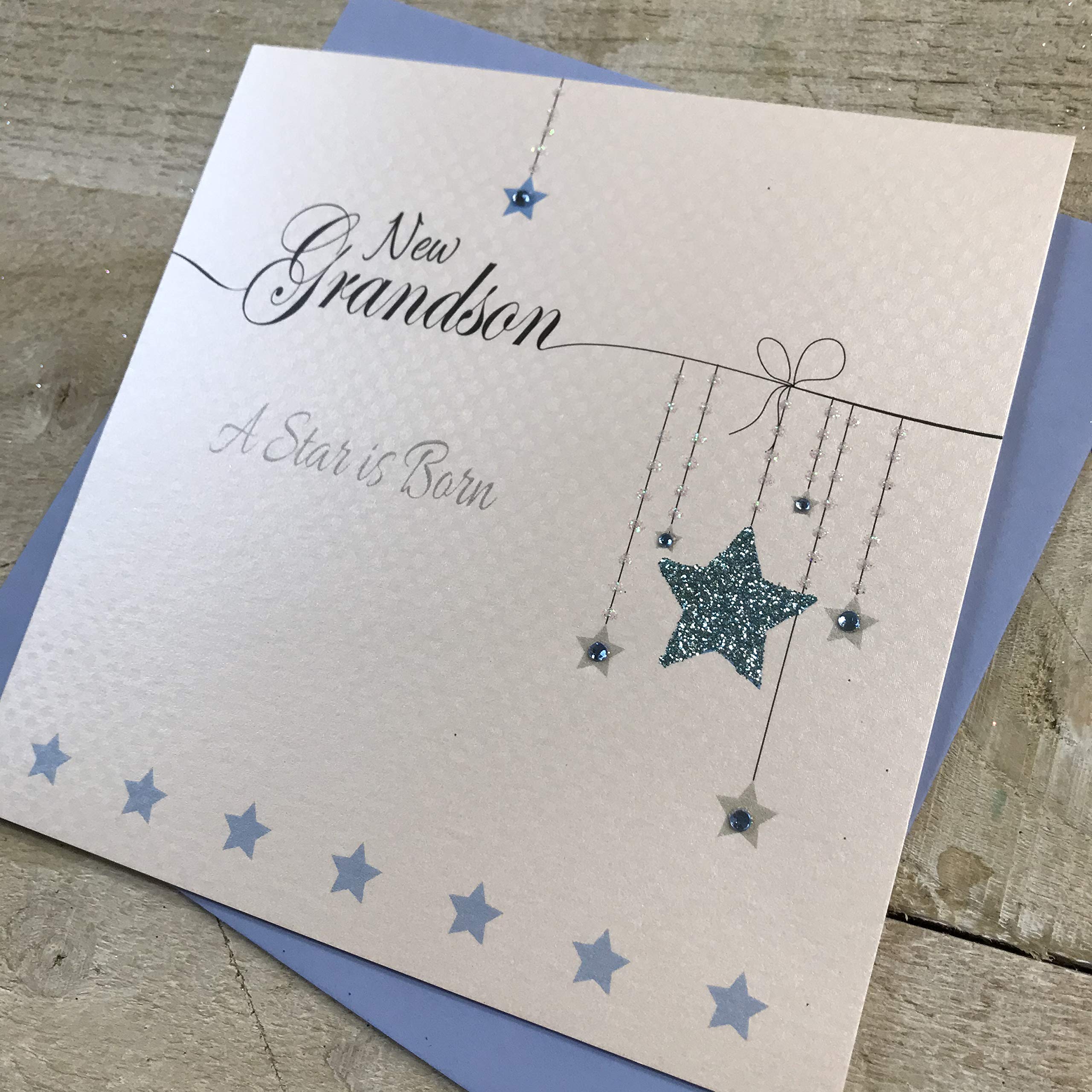 WHITE COTTON CARDS New Grandson 'A Star is Born', ręcznie wykonana nowa karta dla niemowląt - kod LL78, niebieska gwiazda