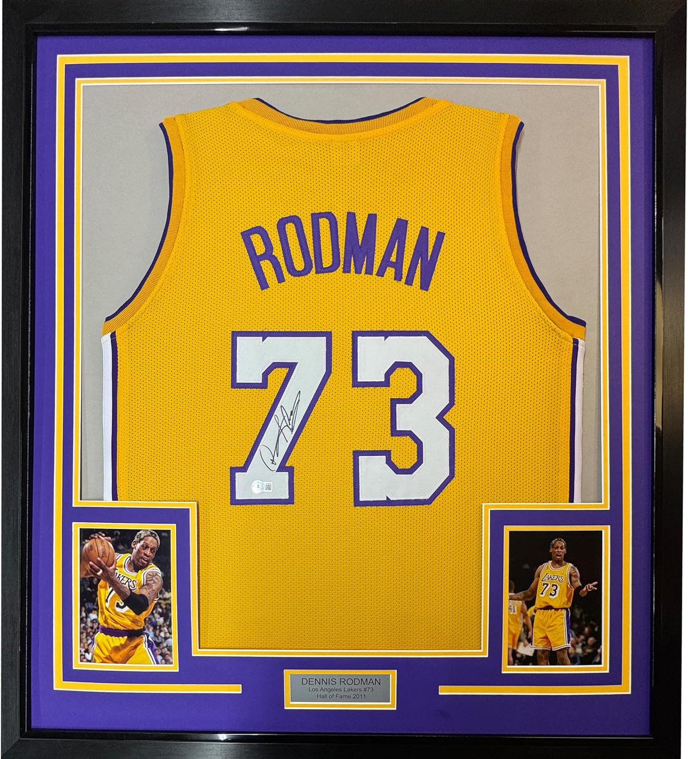 Framed Autographed/Signed Dennis Rodman 33x42 Los Angeles LA Yellow Basketball Jersey PSA/DNA COA