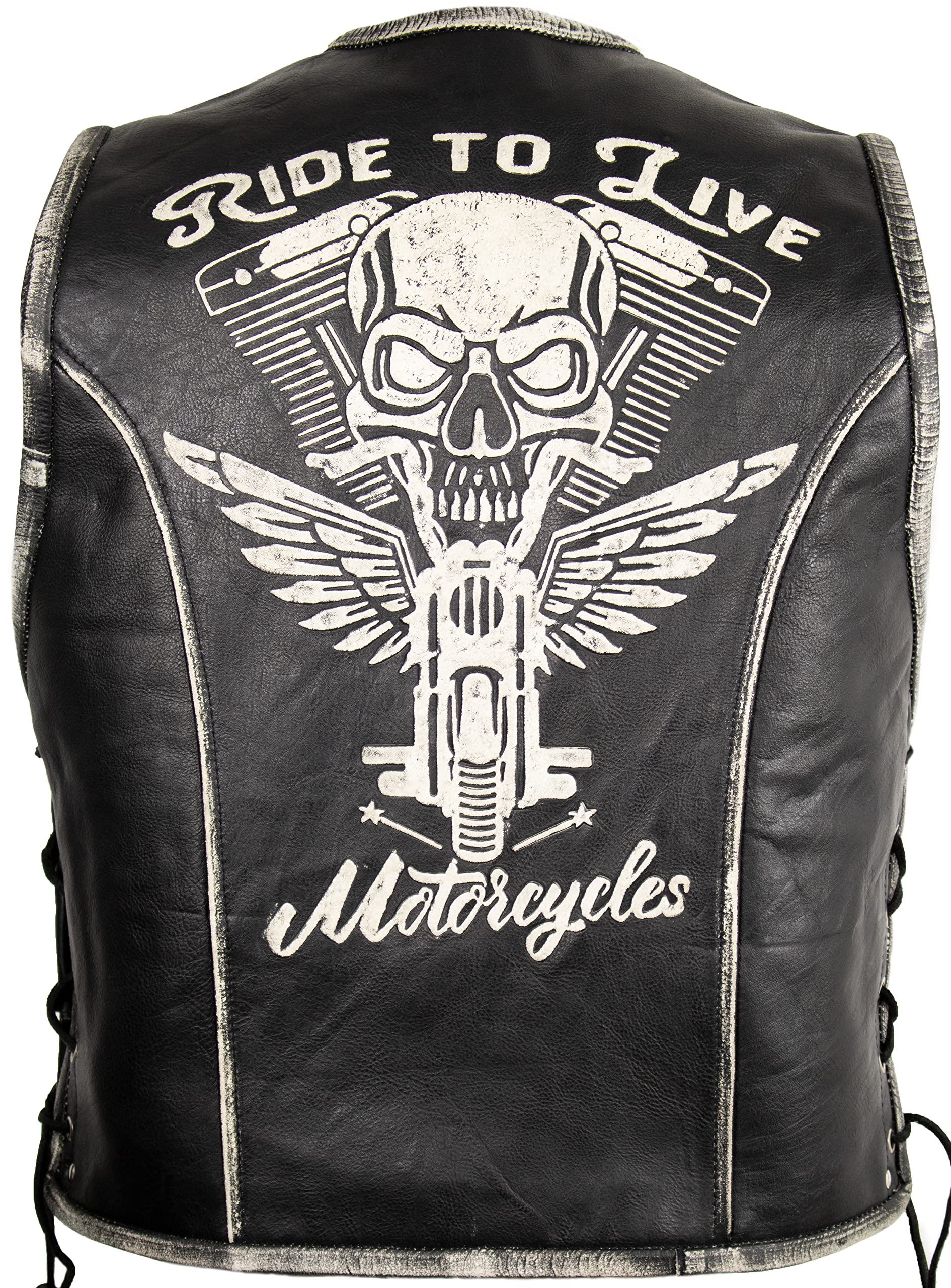 MDM Giacca Moto Uomo In Vera Pelle Nera - Giacca Pelle Uomo Senza Maniche Con Teschio Impresso Sul Retro, Chiusura A 3 Ganci, Lacci Laterali E 4 Tasche