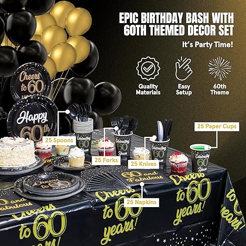 Miniatura 5 de Juego de 202 piezas de decoración de cumpleaños 60 con pancarta preencordada, platos, vasos, servilletas, mantel, juego completo de cubiertos y