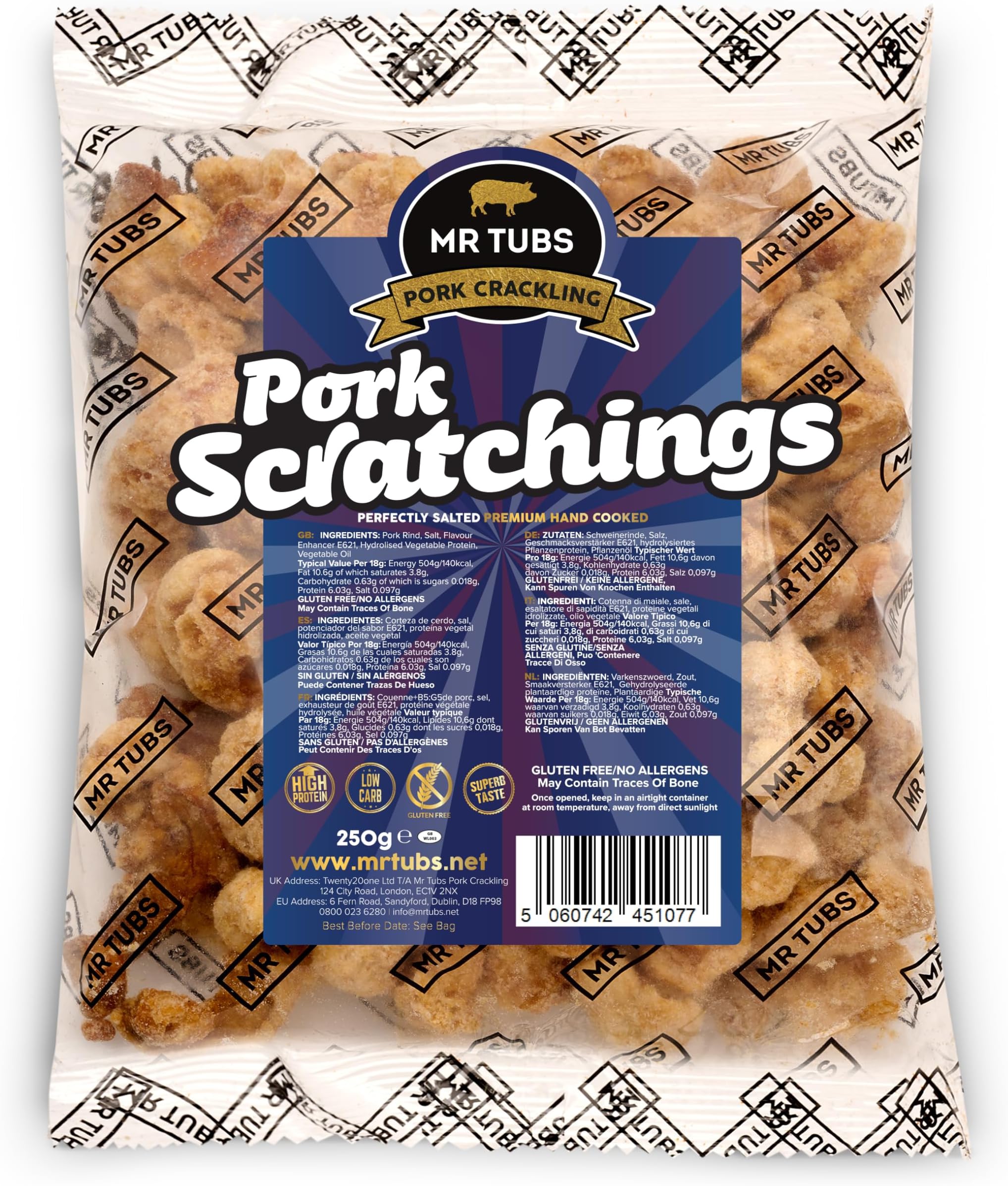 Mr Tubs Premium Pork Scratchings – Perfectly Salted, Hand-Cooked Pub-Style Snack, Keto & Paleo Friendly, High Protein, Gluten Free – 250g Bag of Crunchy Pork Crackling