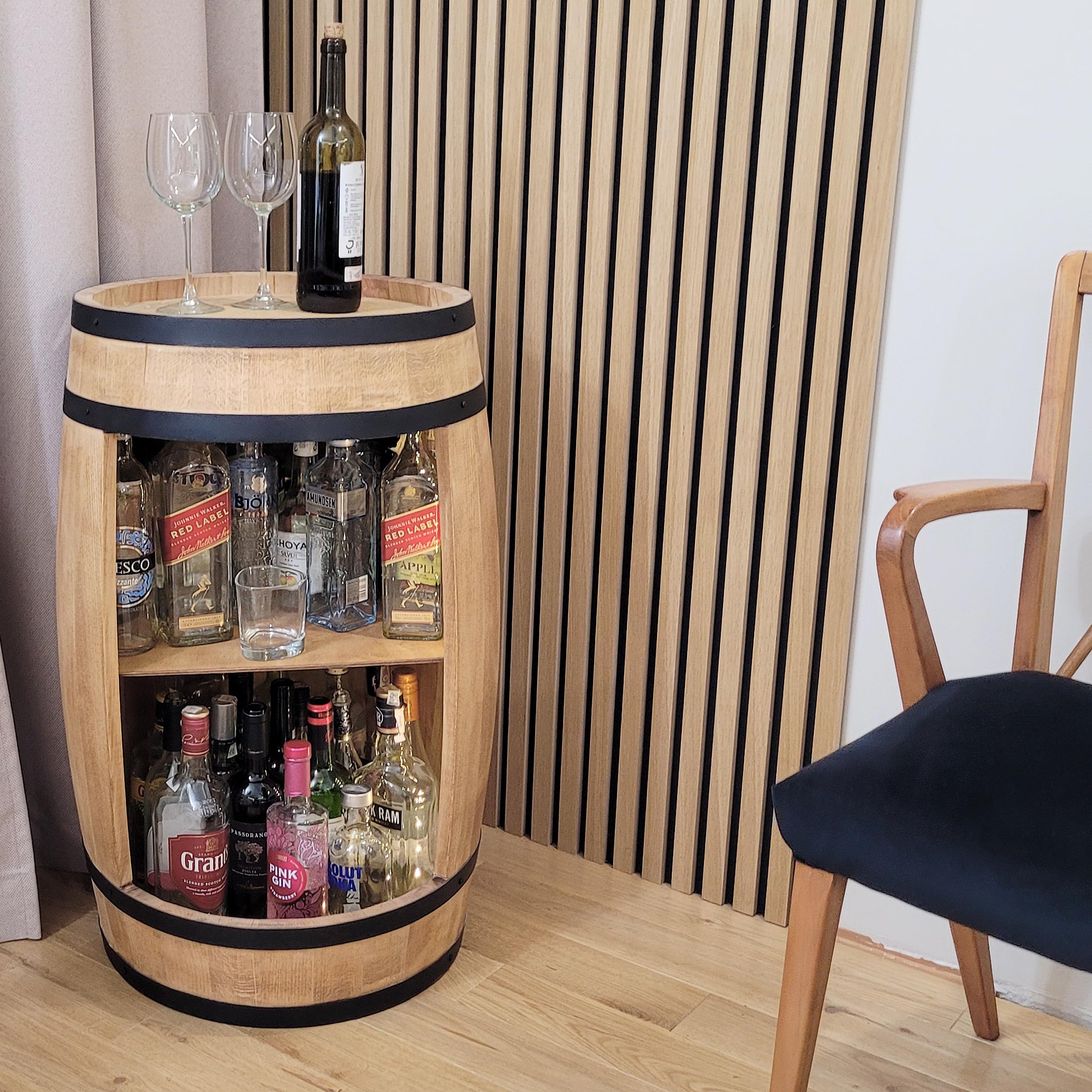 weeco Tonneau en Bois avec éclairage LED - Commode de Maison gin Whisky - bière - Casier à Vin - Meuble Rangement Bouteille Alcool Tonneau Bar - Casier à Vin - Bar de Maison